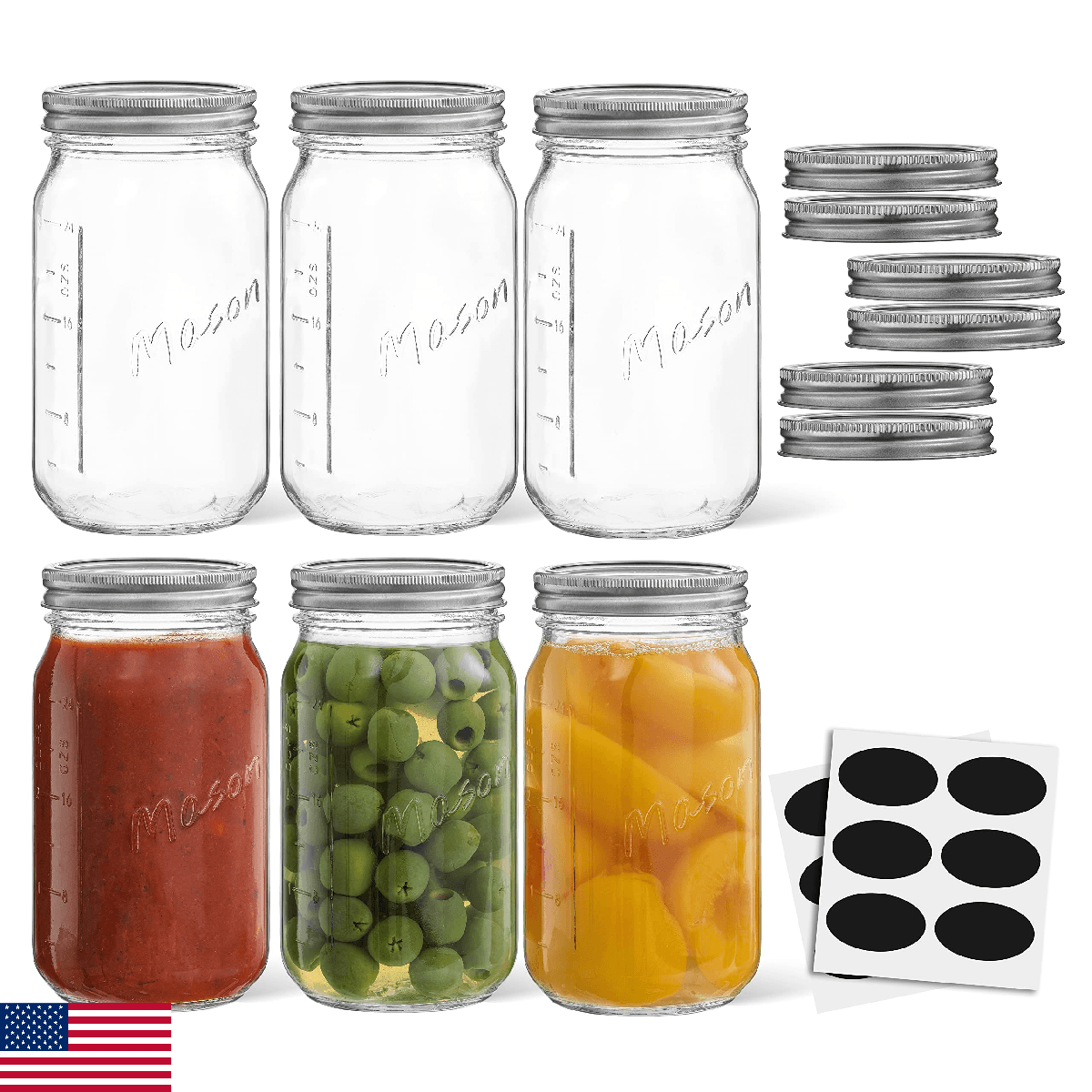 32 Oz Mason Jars With Lids, Labels and Measures! 6-Pack Wide Mouth Mason Jars, G - Image 1