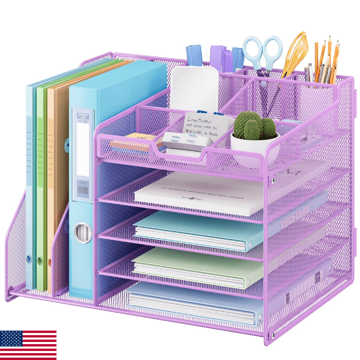 Lavatino 5-Tier Desk Organizer with 2 File Holders, Metal Adjustable Paper Lette - Image 1