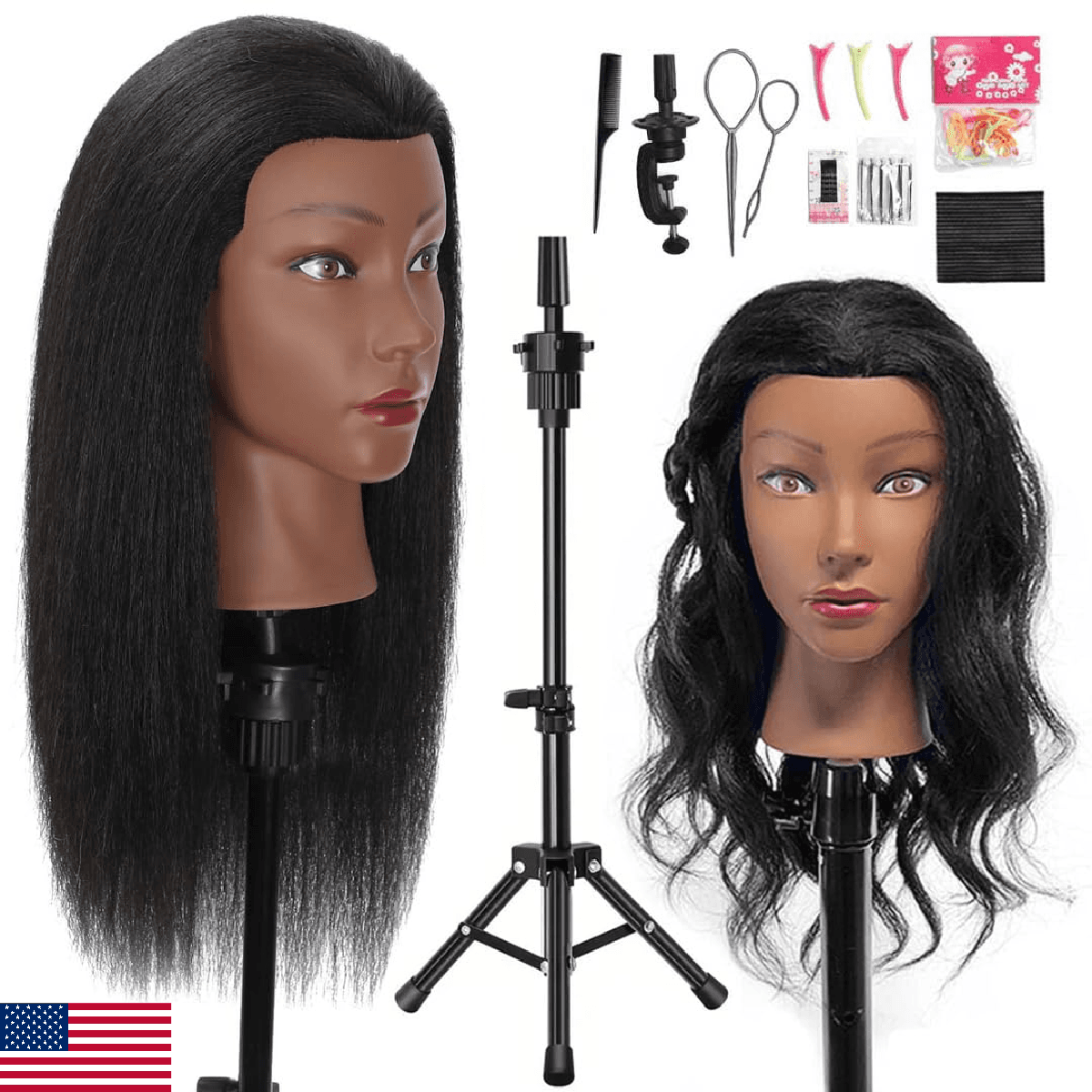 18" MQHIHI Mannequin Head Human Hair with Tripod Set, 100% Real Hair Cosmetology - Image 1