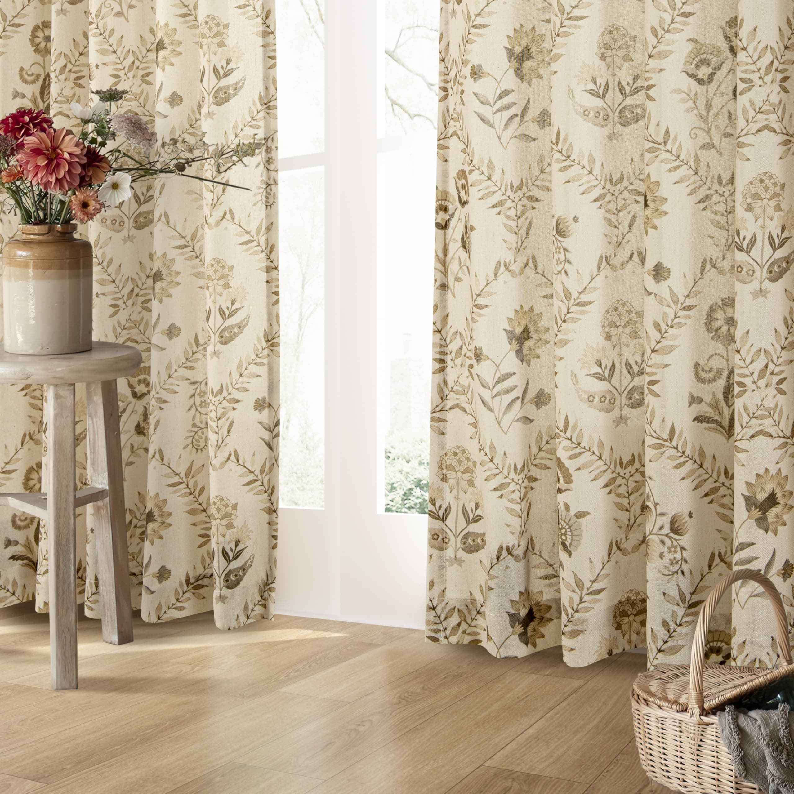 Tan Brown Floral Linen Curtains for Living Dining Room 86 Inch Length 2 Panels B - Thumbnail 5