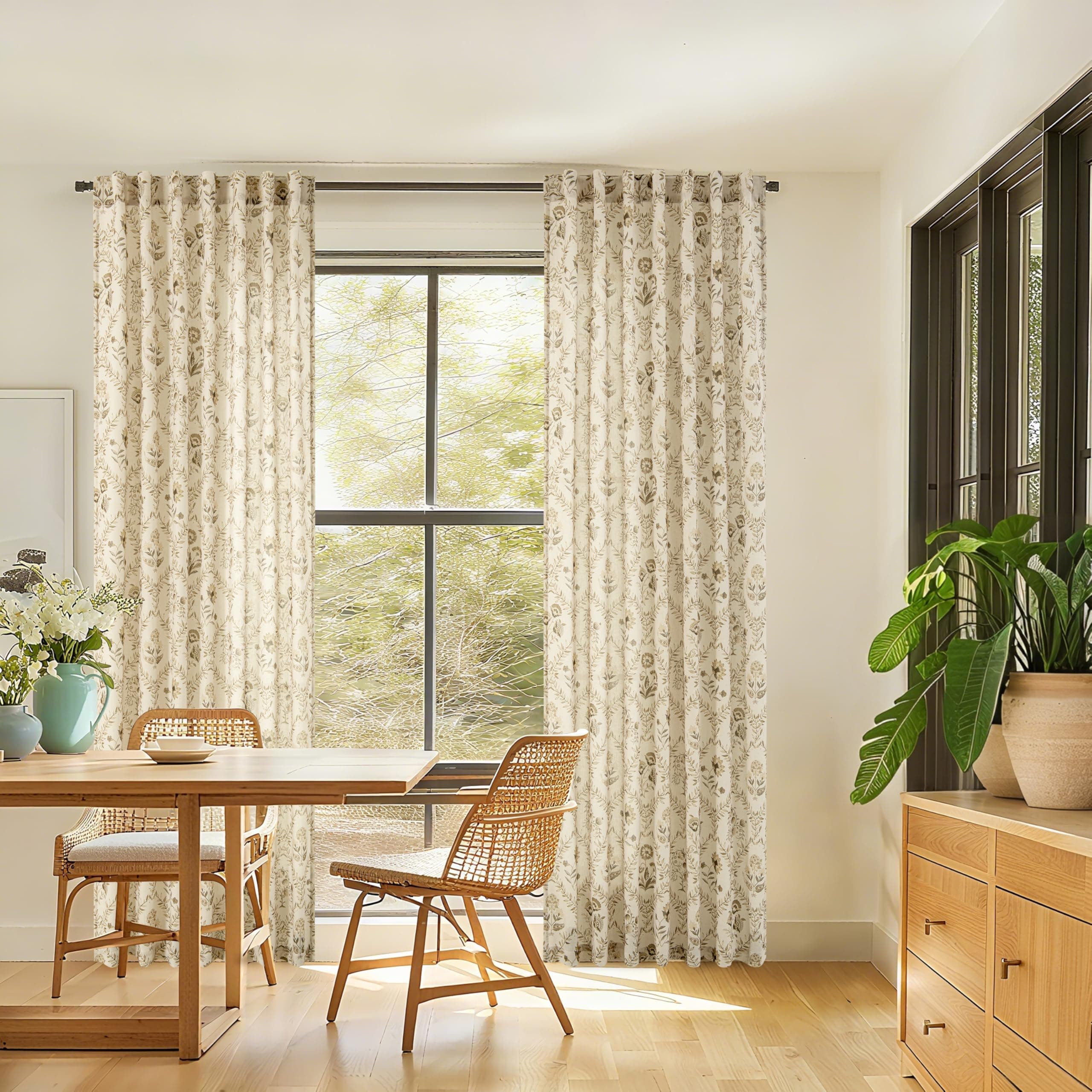 Tan Brown Floral Linen Curtains for Living Dining Room 86 Inch Length 2 Panels B - Thumbnail 2