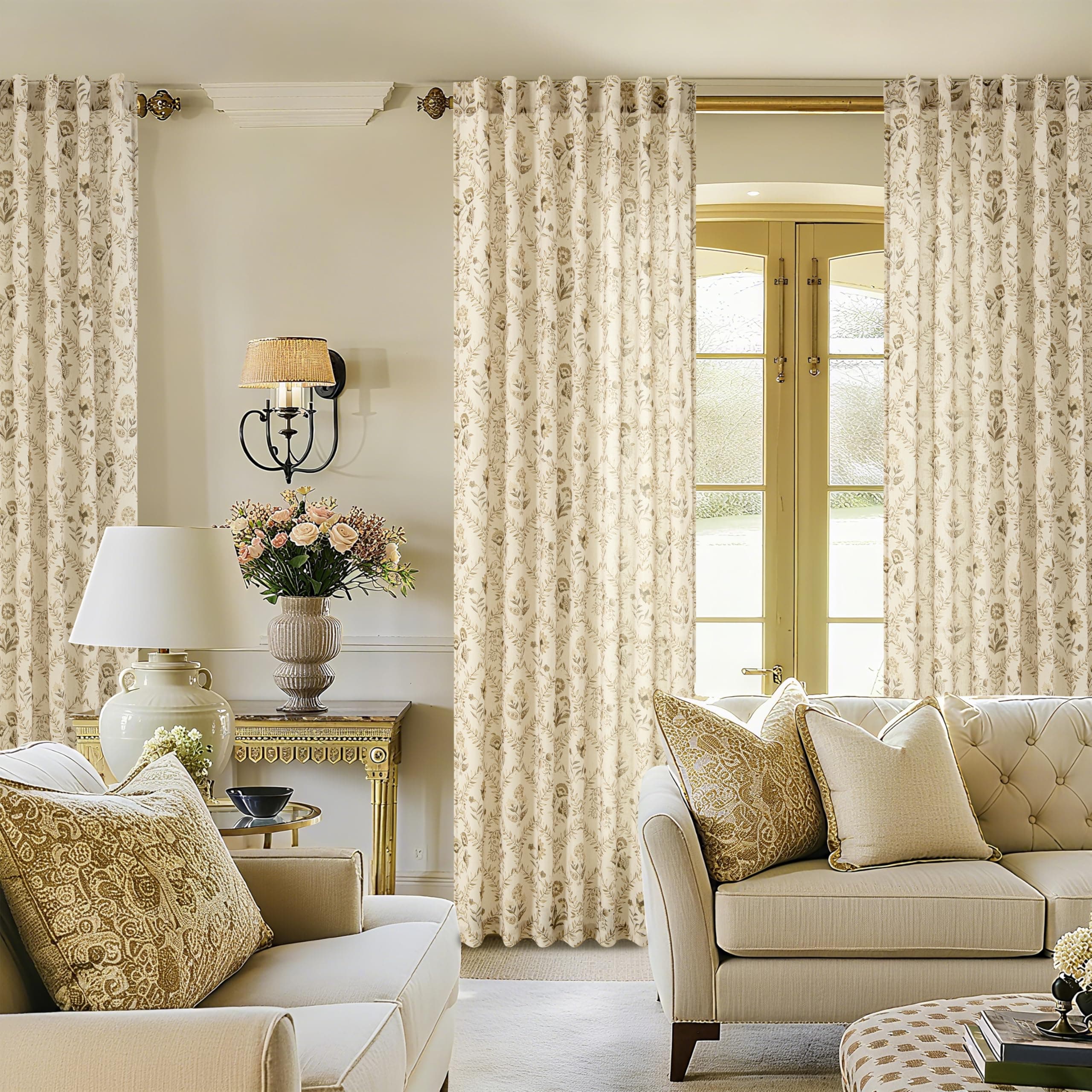 Tan Brown Floral Linen Curtains for Living Dining Room 86 Inch Length 2 Panels B - Thumbnail 7