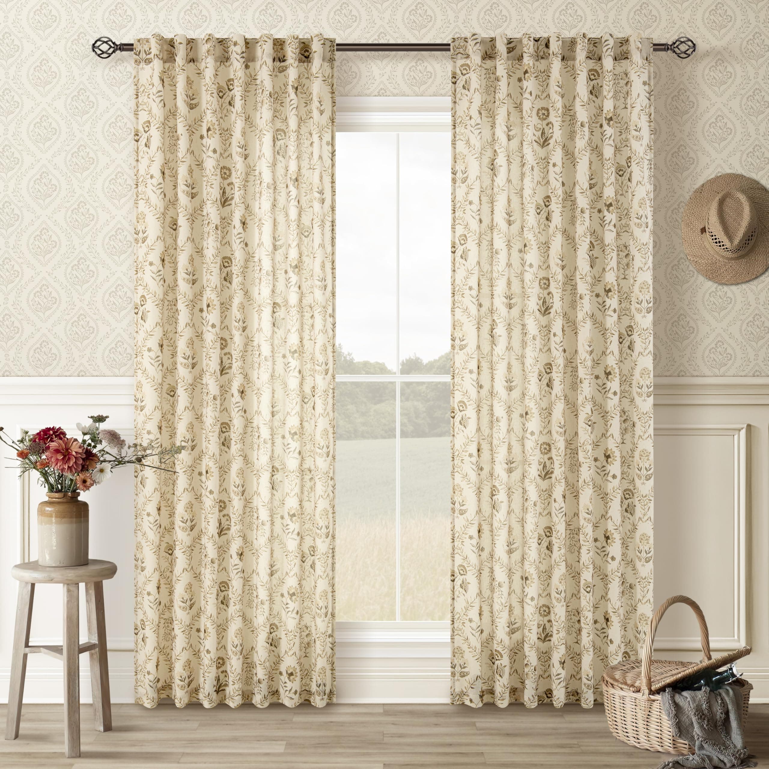 Tan Brown Floral Linen Curtains for Living Dining Room 86 Inch Length 2 Panels B - Thumbnail 8