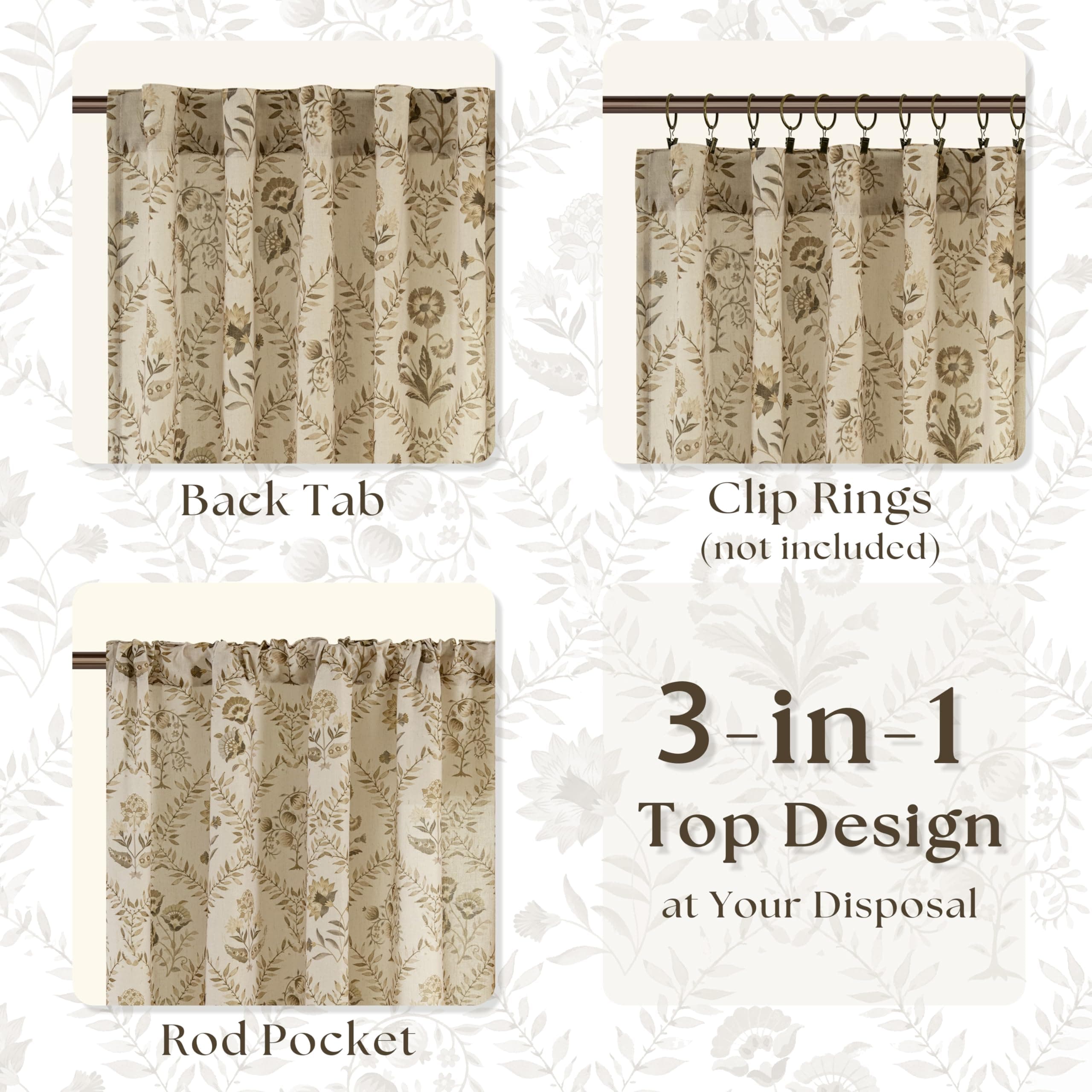 Tan Brown Floral Linen Curtains for Living Dining Room 86 Inch Length 2 Panels B - Thumbnail 4
