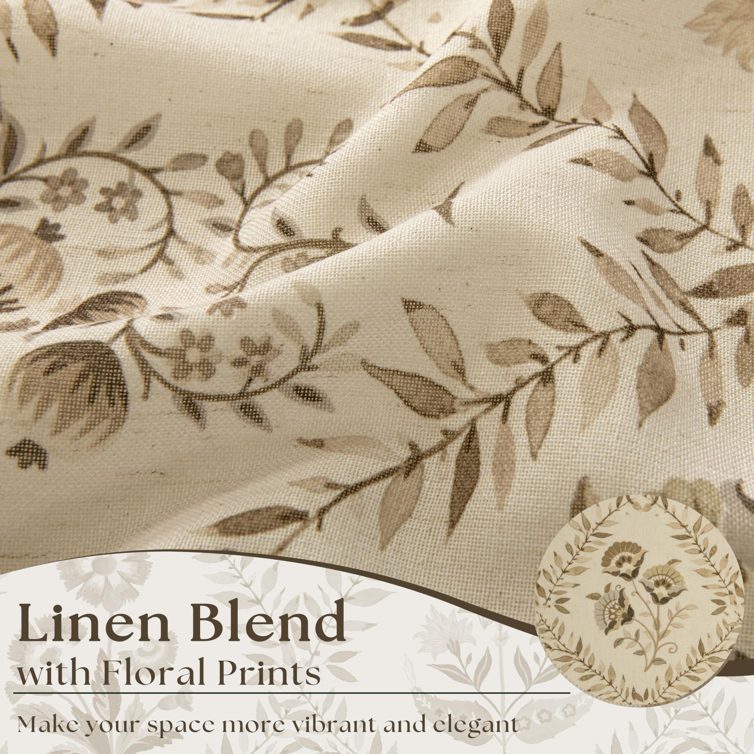 Tan Brown Floral Linen Curtains for Living Dining Room 86 Inch Length 2 Panels B - Thumbnail 3