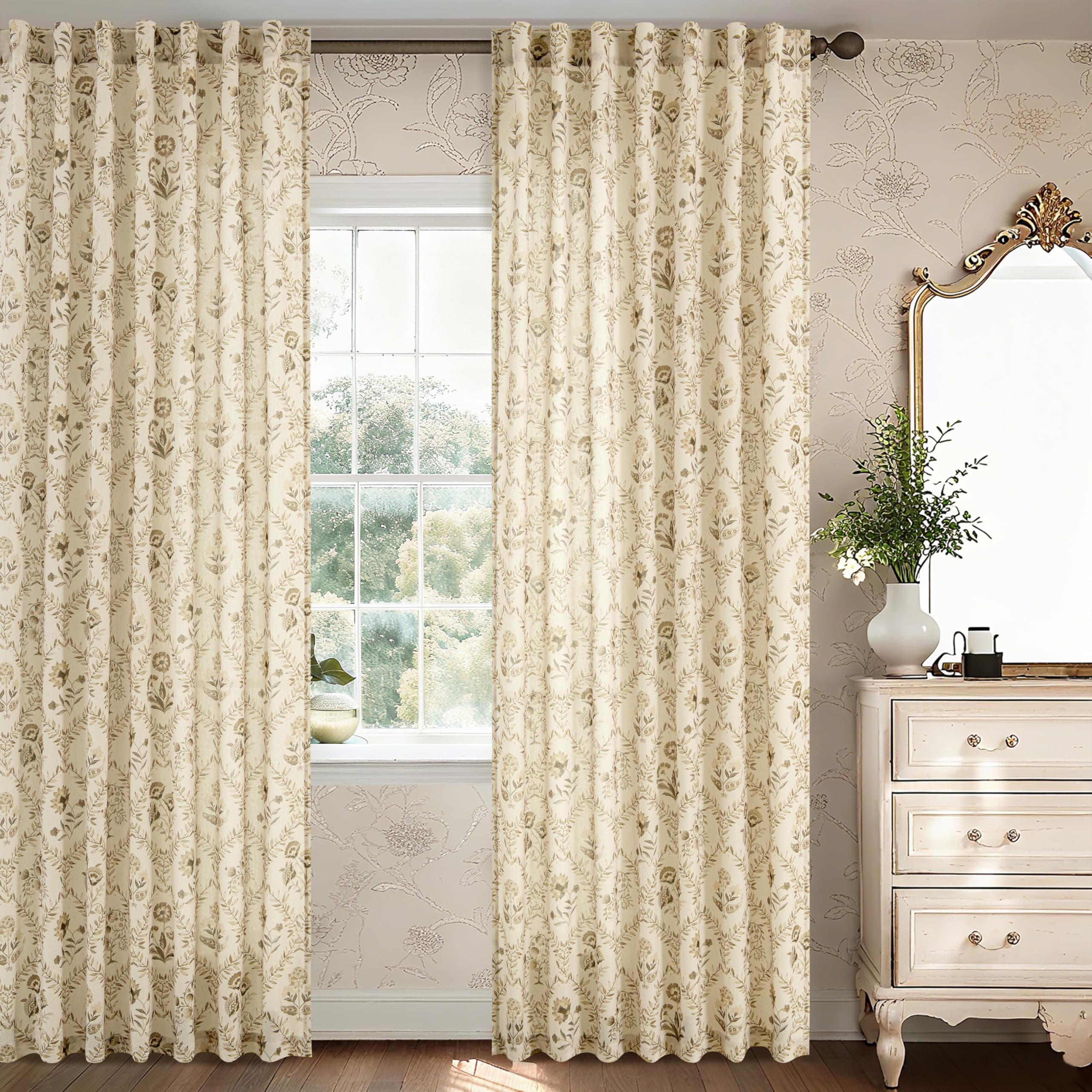 Tan Brown Floral Linen Curtains for Living Dining Room 86 Inch Length 2 Panels B - Thumbnail 9