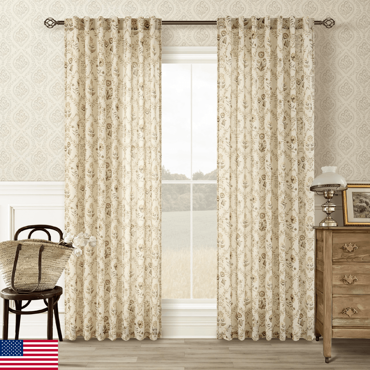 Tan Brown Floral Linen Curtains for Living Dining Room 86 Inch Length 2 Panels B - Image 1