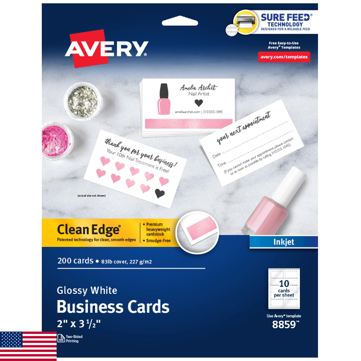 Avery Clean Edge Printable Business Cards Sure Feed Technology 2x3.5 Glossy Whit - Image 1