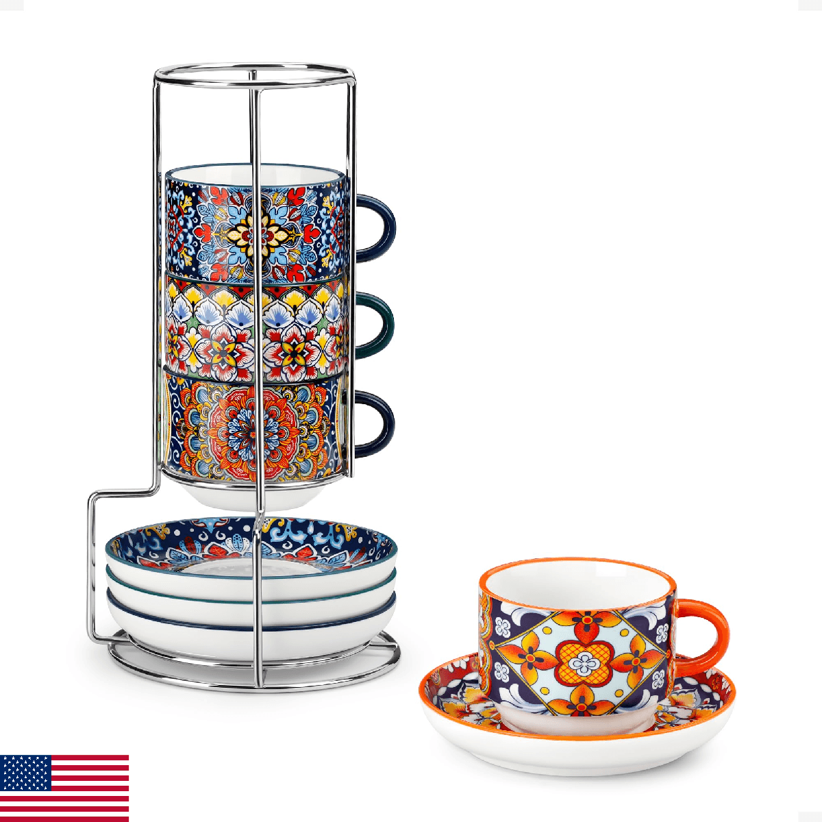 vancasso 4 Oz Stackable Espresso Cups with Saucers and Metal Stand Set of 4,Bohe - Image 1