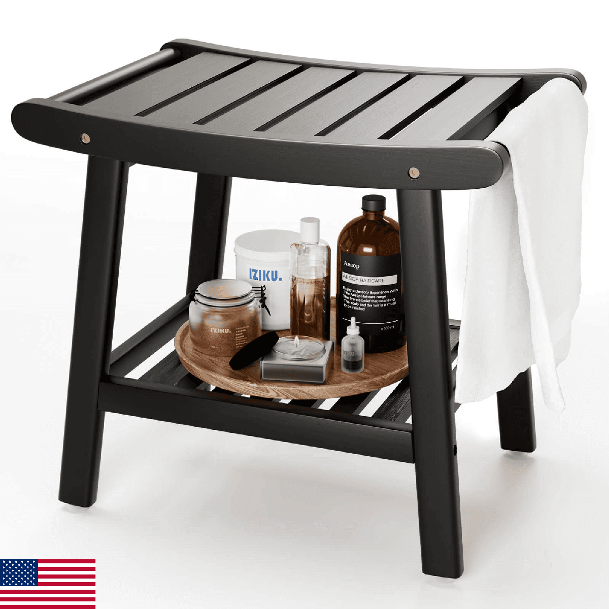 Bamboo Shower Bench Stool, Shower Chair for Inside Shower with 2-Tier Storage Sh - Image 1