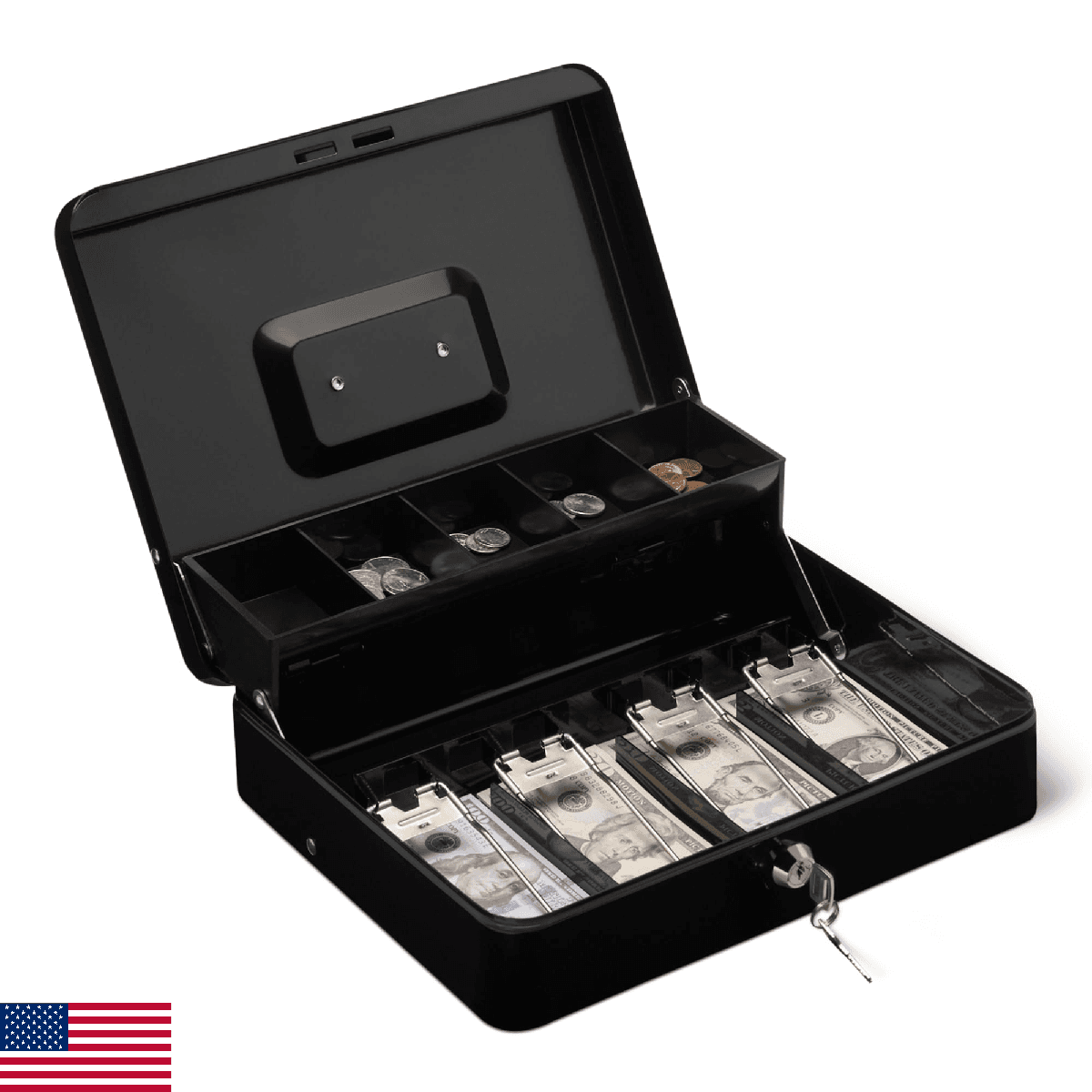 Amazon Basics Cash Box with Lock Key and Money Organizer Tray, 3.54'' H x 11.81' - Image 1