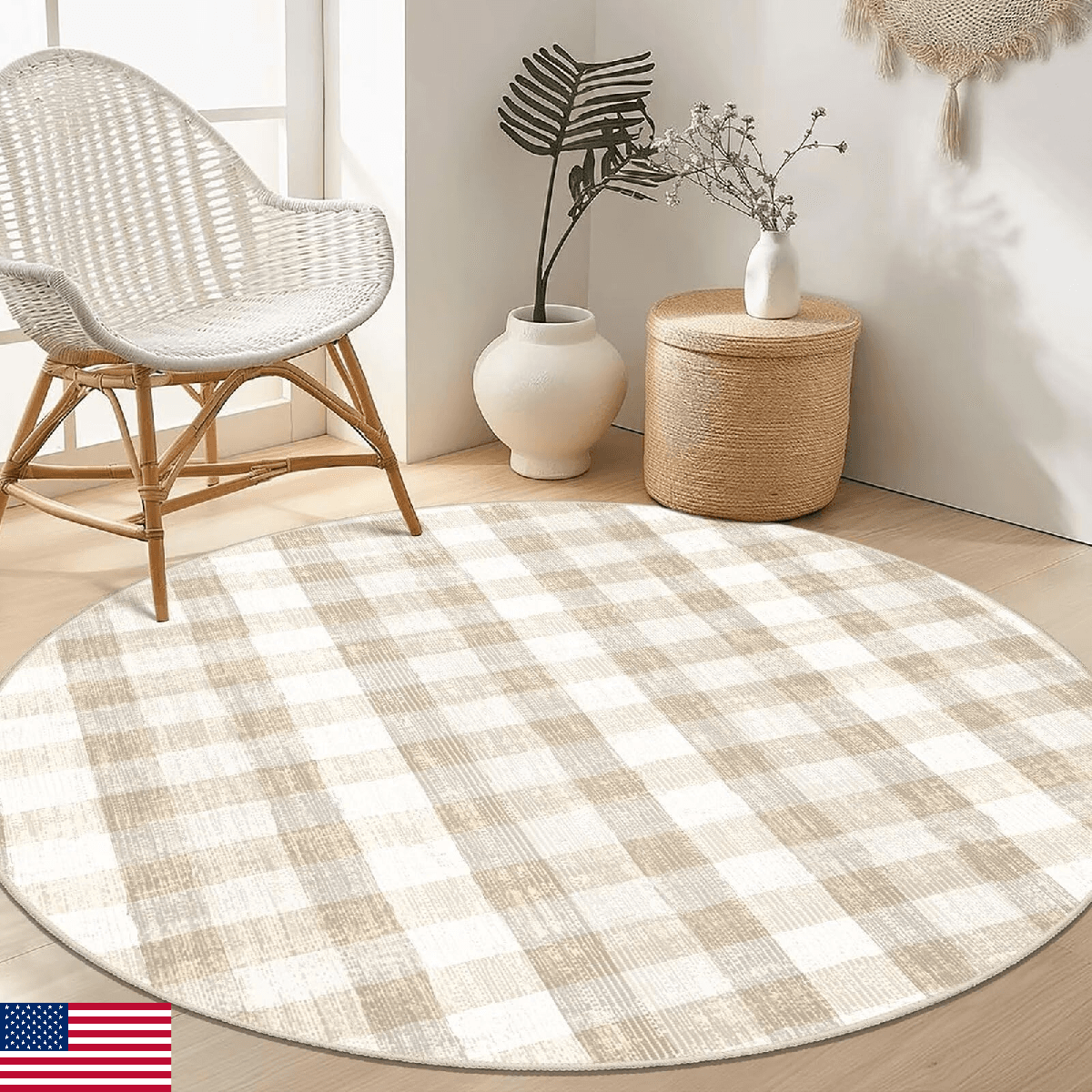 COLORPAPA Checkered Area Rug 4 Ft Washable Round Rugs Living Room Modern Neutral - Image 1