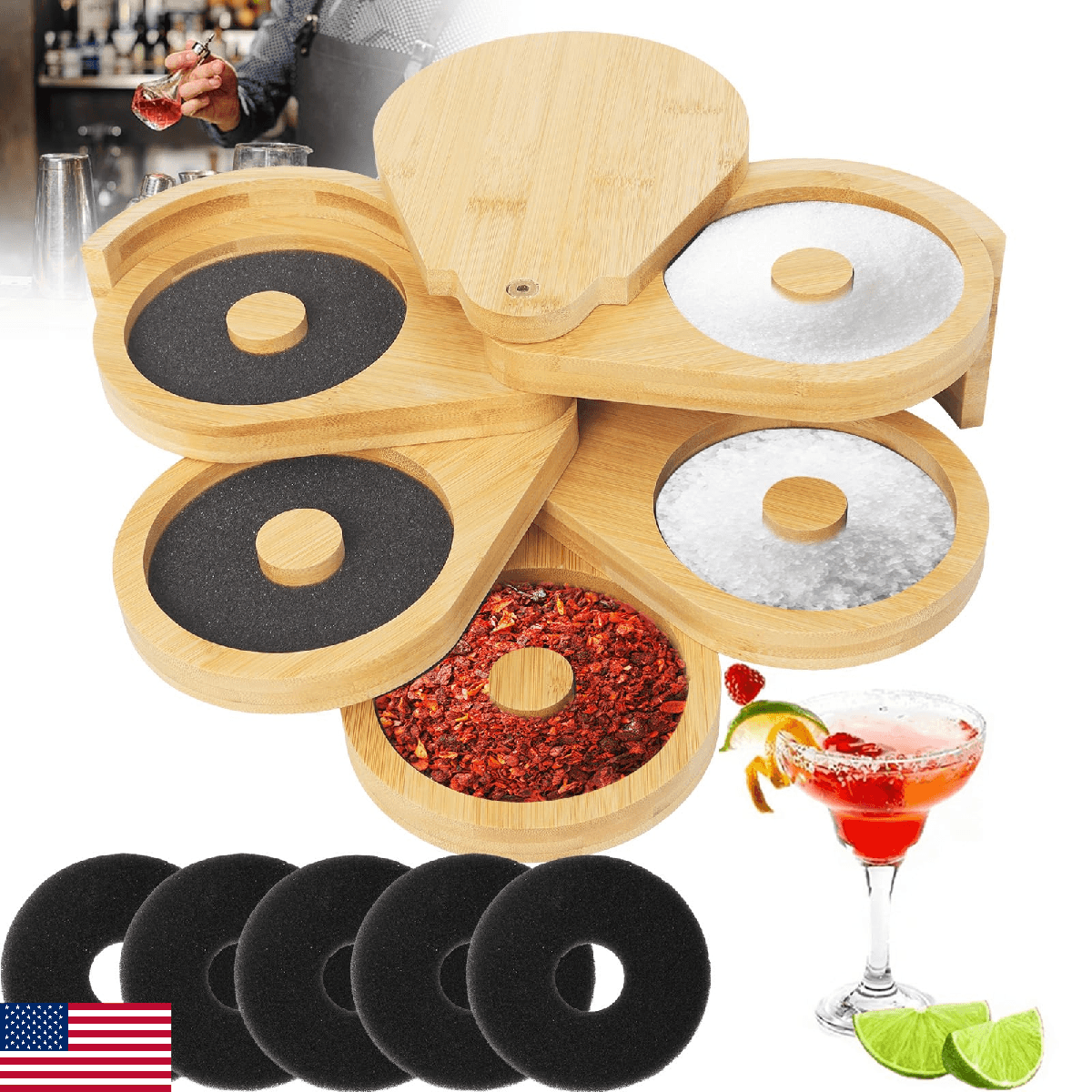 Bamboo Margarita Salt Rimmer Set 5-Tier Cocktail Glass Rimmer Swivel Lids Sponge - Image 1