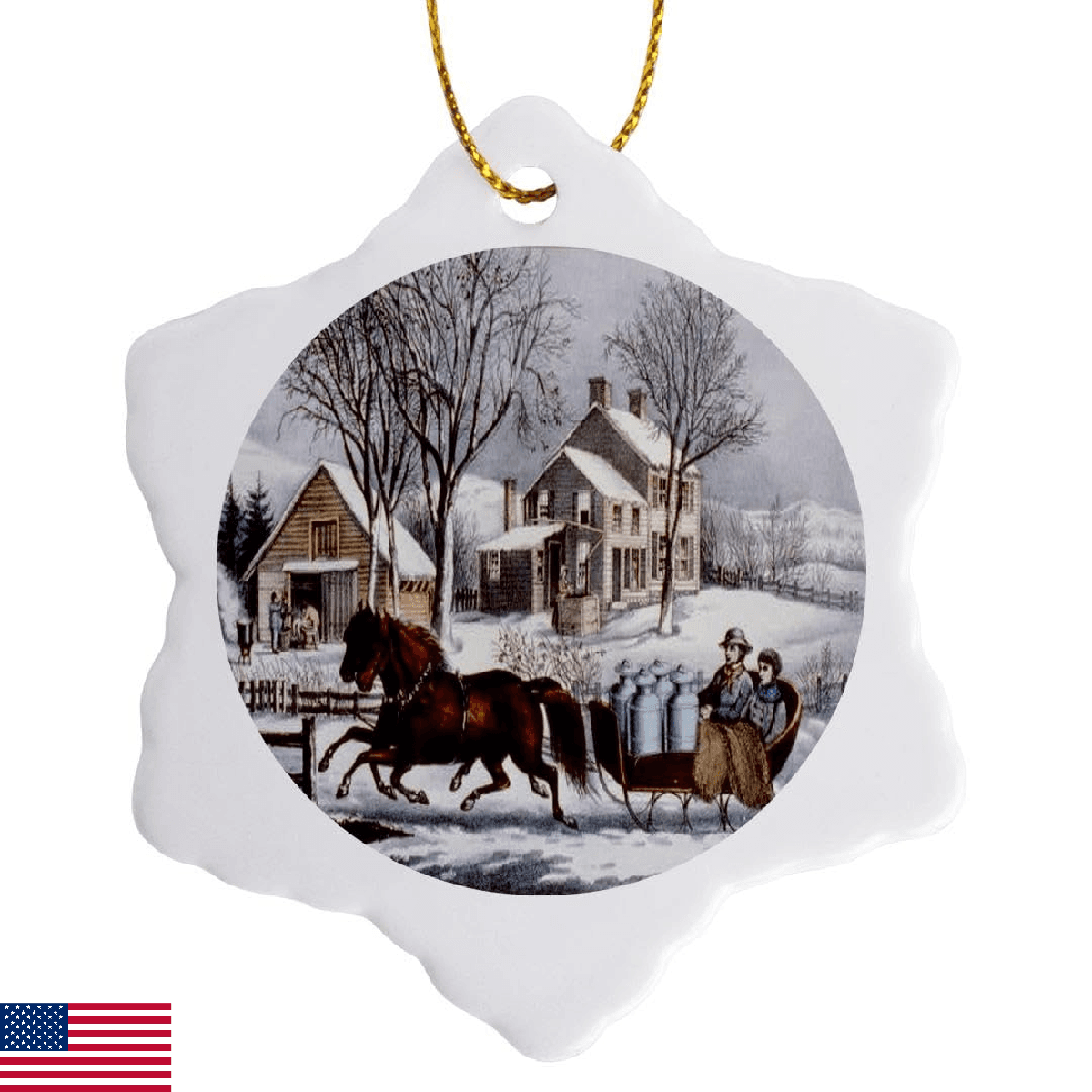 3dRose Snowflake Ornament - Vintage Currier and Ives Horse Drawn Sleigh Winter - - Image 1