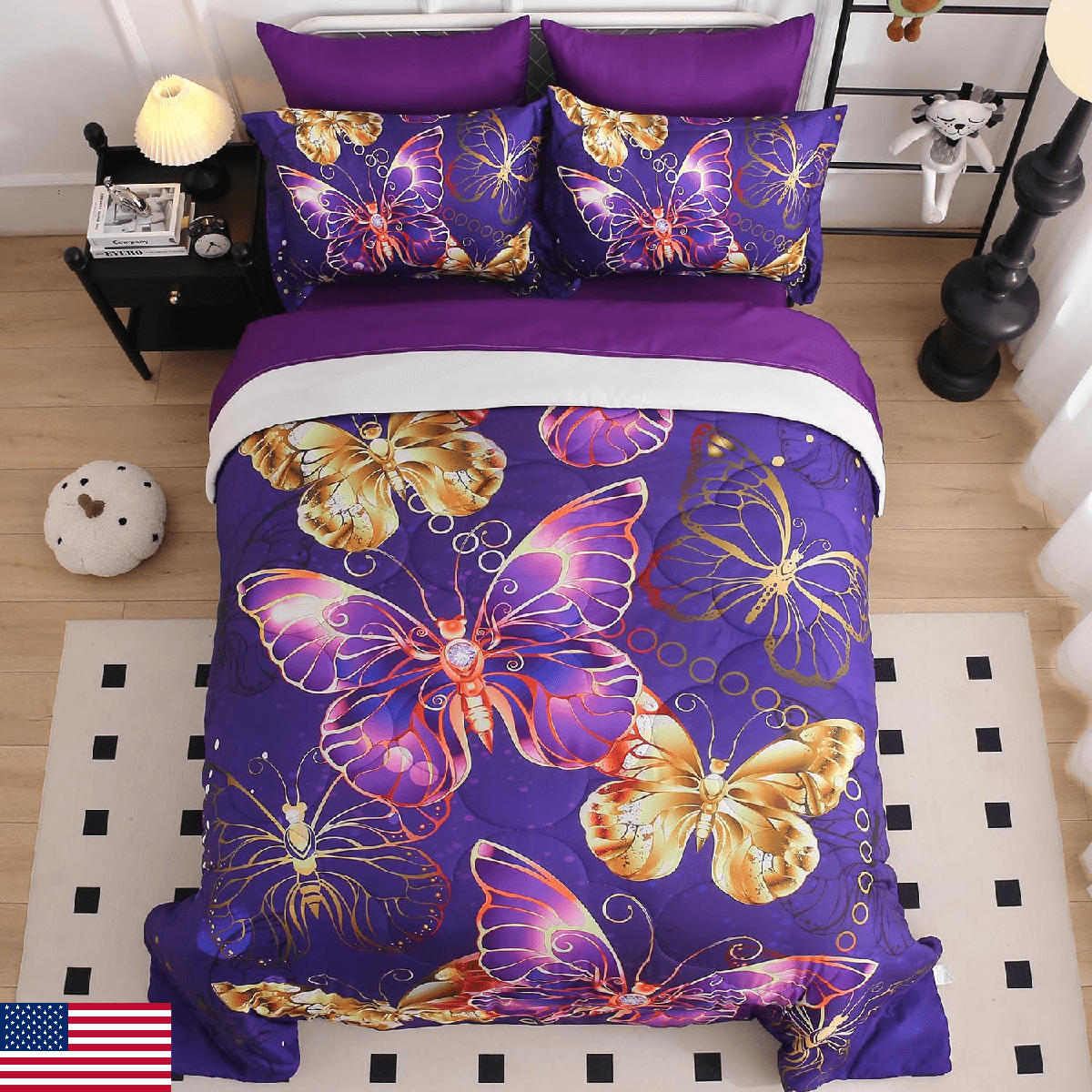 Jameswish 7 Piece Butterflies Comforter Set Queen Size 3D Gold Violet Butterflie - Image 1