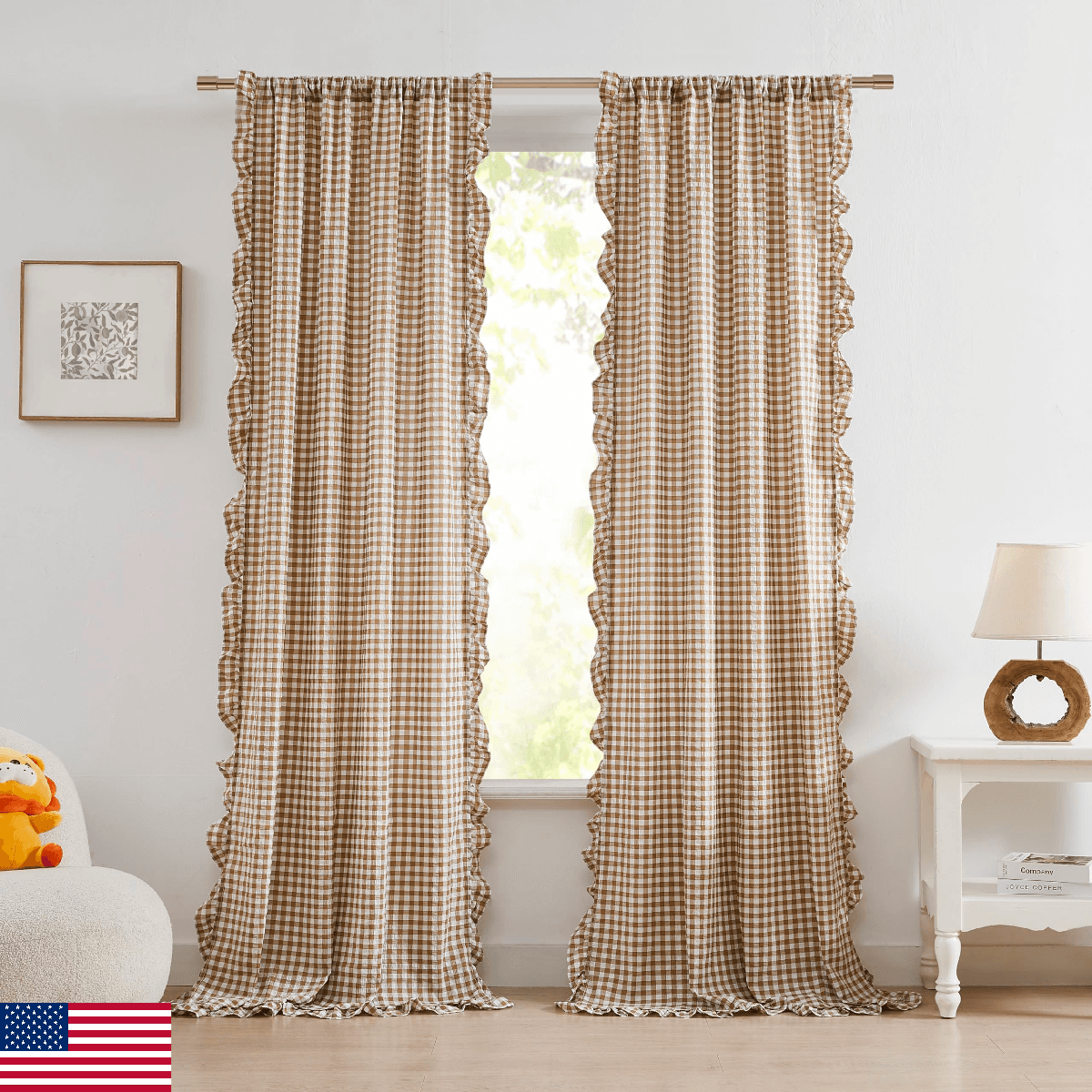 ZJDECOR Brown White Buffalo Plaid Curtains 84 Inches Long,Cottage Ruffle Not-See - Image 1