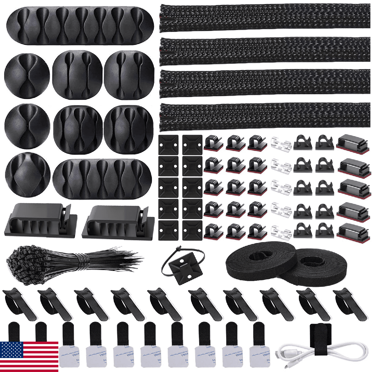 Cord Management Organizer Kit 4 Cable Sleeve split with 41Self Adhesive Cable Cl - Image 1