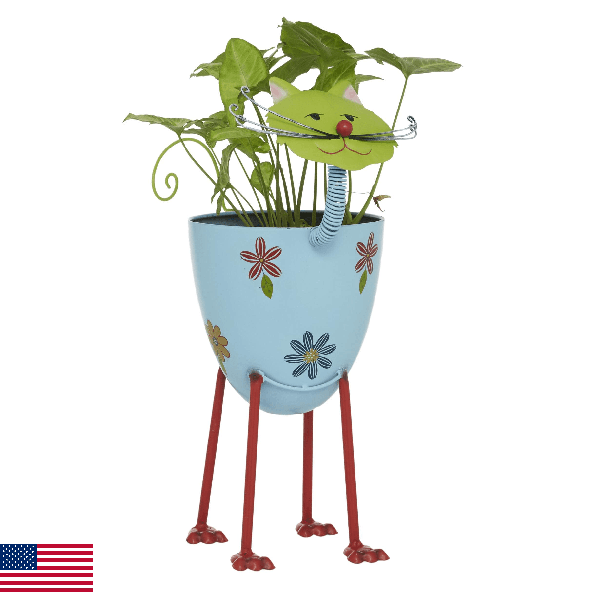 Deco 79 Blue Metal Cat Planter Pot, Indoor/Outdoor, 16"x8"x19", Floral Pattern - Image 1