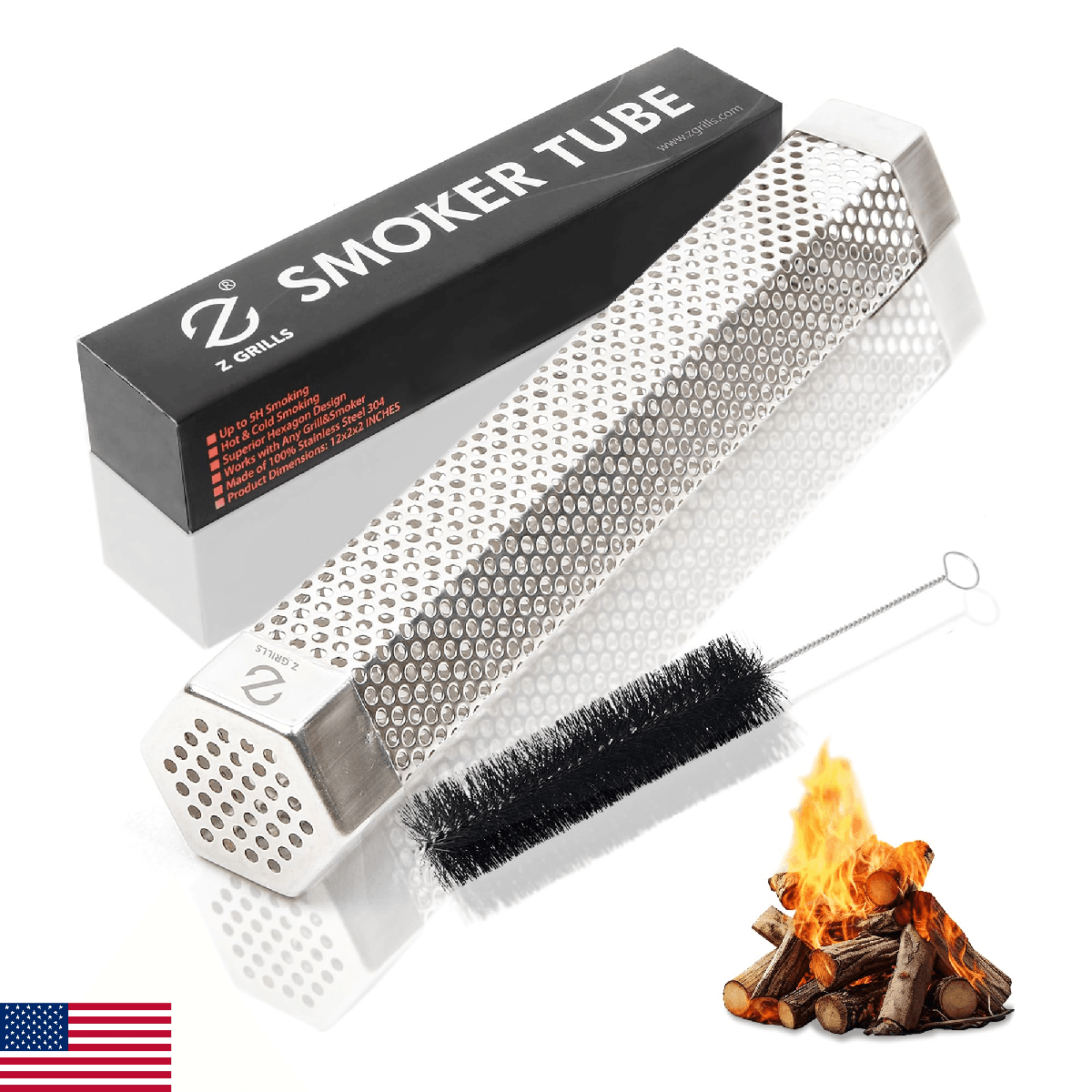 Z GRILLS Pellet Smoker Tube with 2 Hooks and Brush, 12" BBQ Billowing Smoke Mesh - Image 1