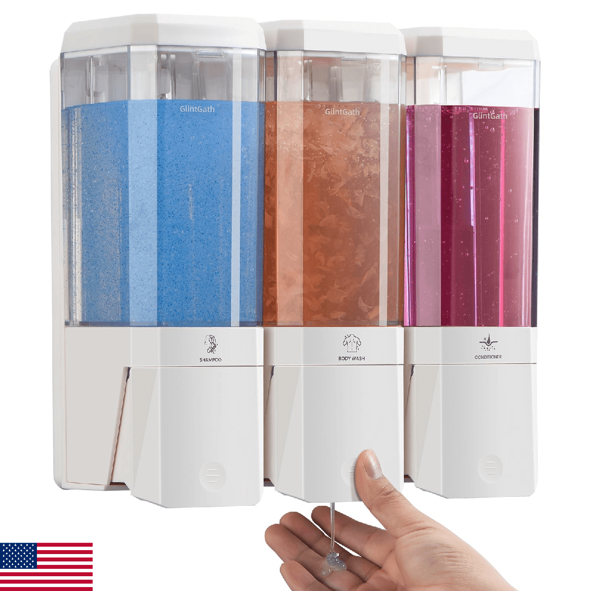 GlintGath 3-Chamber Shower Dispenser, Wall Mounted, No Drill, 3x500ml, White - Image 1