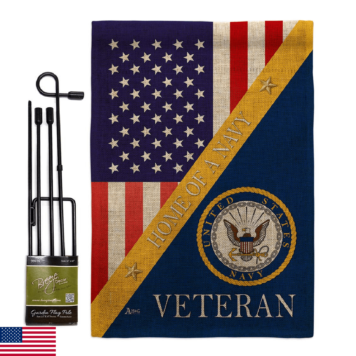 Home of Navy Burlap Garden Flag - Set with Stand Armed Forces USN Seabee United - Image 1