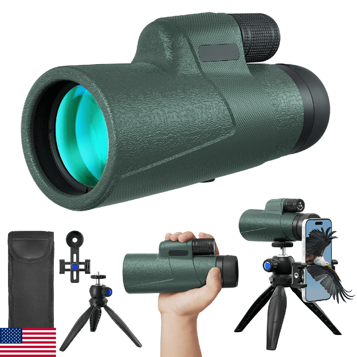 12x50 HD Monocular BAK4/FMC Lens, Smartphone Adapter, Low Light Vision - Image 1