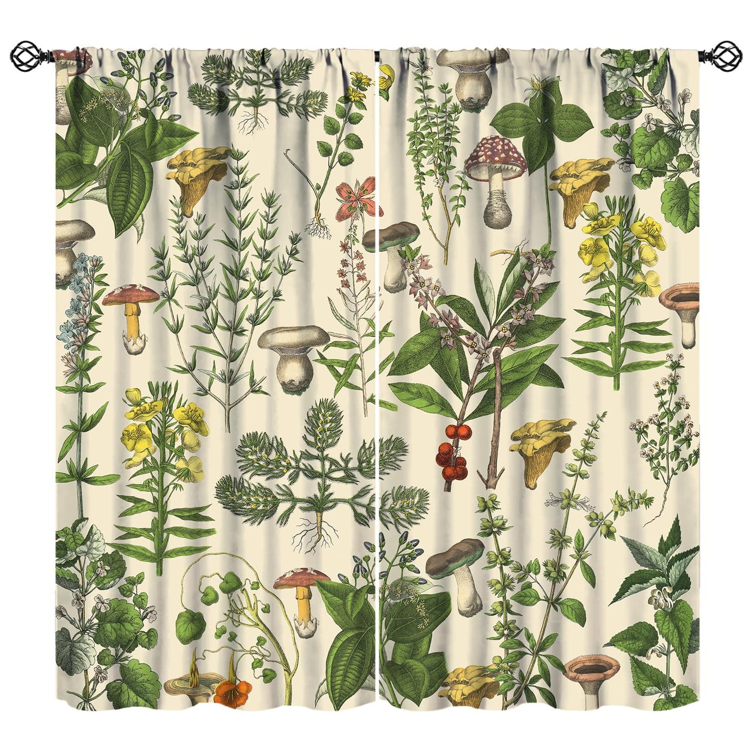 Vintage Botanical Curtains, 1900s Plants Herbs Mushroom Blackout Window Drapes - Image 1