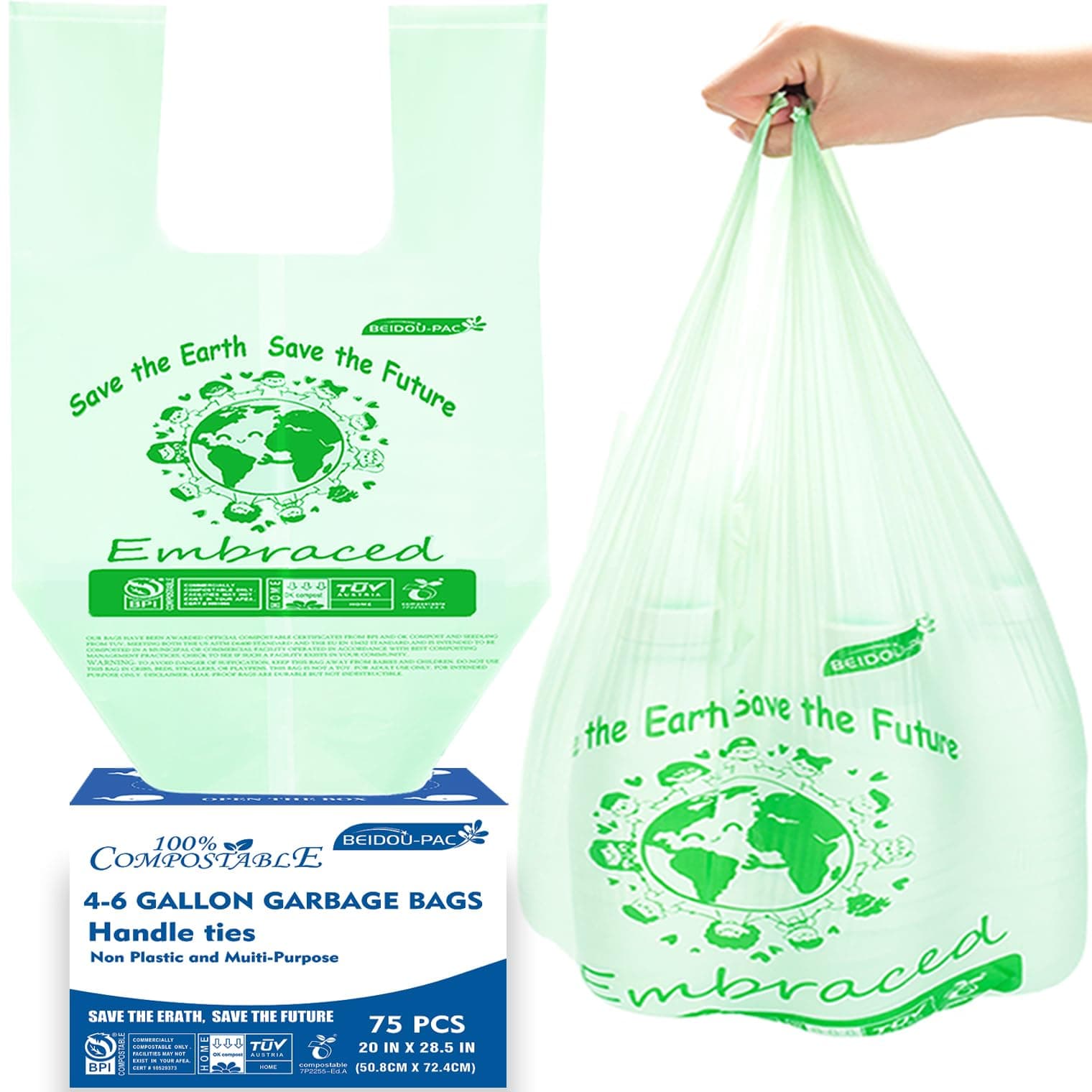 BEIDOU-PAC 4-6 Gallon Compostable Trash Bags, 75 Count, Kitchen Compost Bags Wit - Image 1