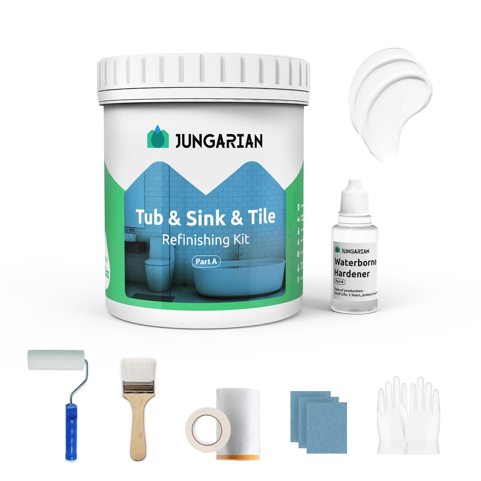 Jungarian Tub & Tile Refinishing Kit 35oz w/ Tools, Low Odor DIY Bathroom Paint - Image 1
