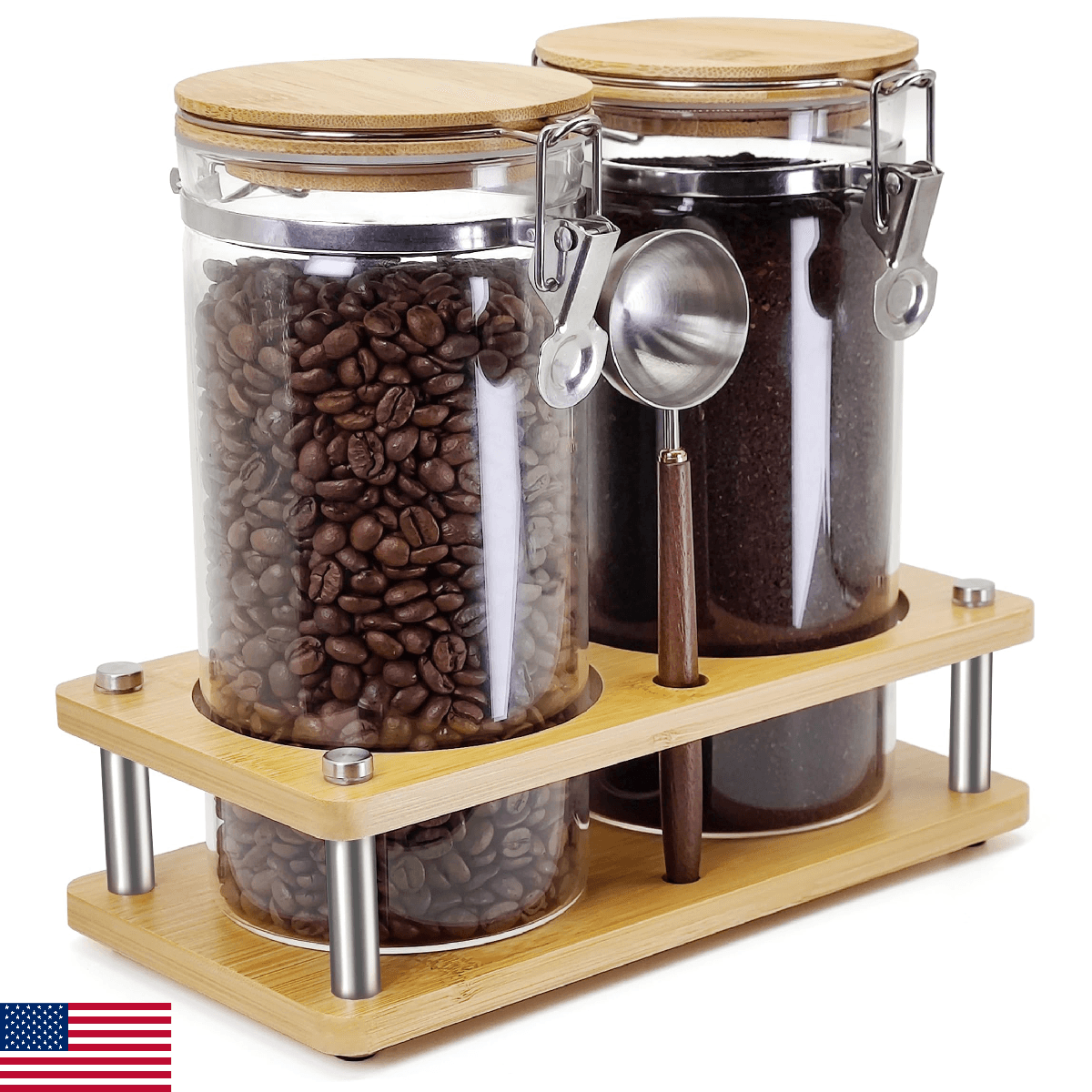 Venuekkuri 2x 45oz Borosilicate Glass Coffee Grounds Container w/ Wooden Shelf - Image 1