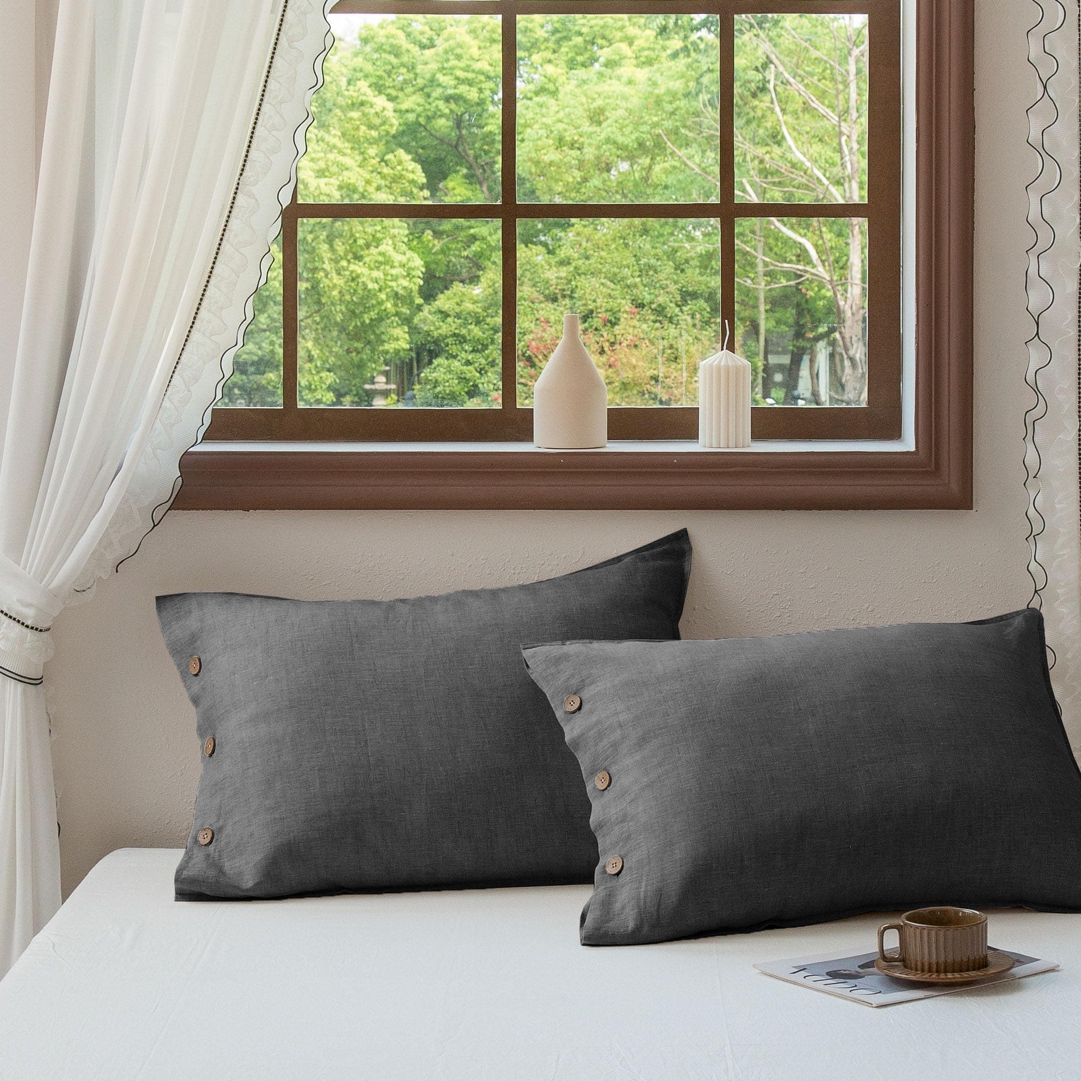 EVERLY 100% French Linen Pillowcases Set of 2, 20x26" Std/Queen, Coconut Buttons - Image 1