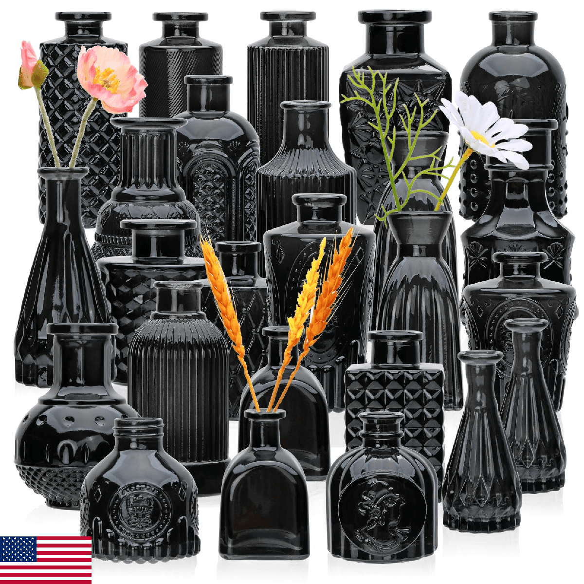 Brajttt 25 Black Glass Bud Vases - Small Vintage Style for Flowers Home Decor - Image 1