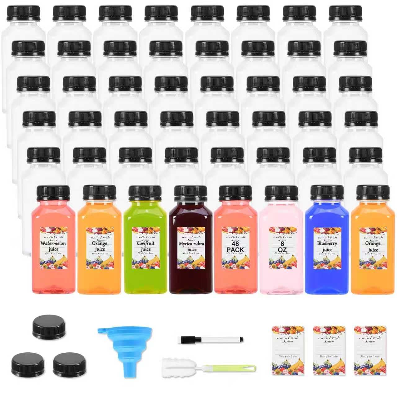 48x Janisfirst 8oz Empty Plastic Juice Bottles w/ Tamper-Proof Caps & Brush - Image 1