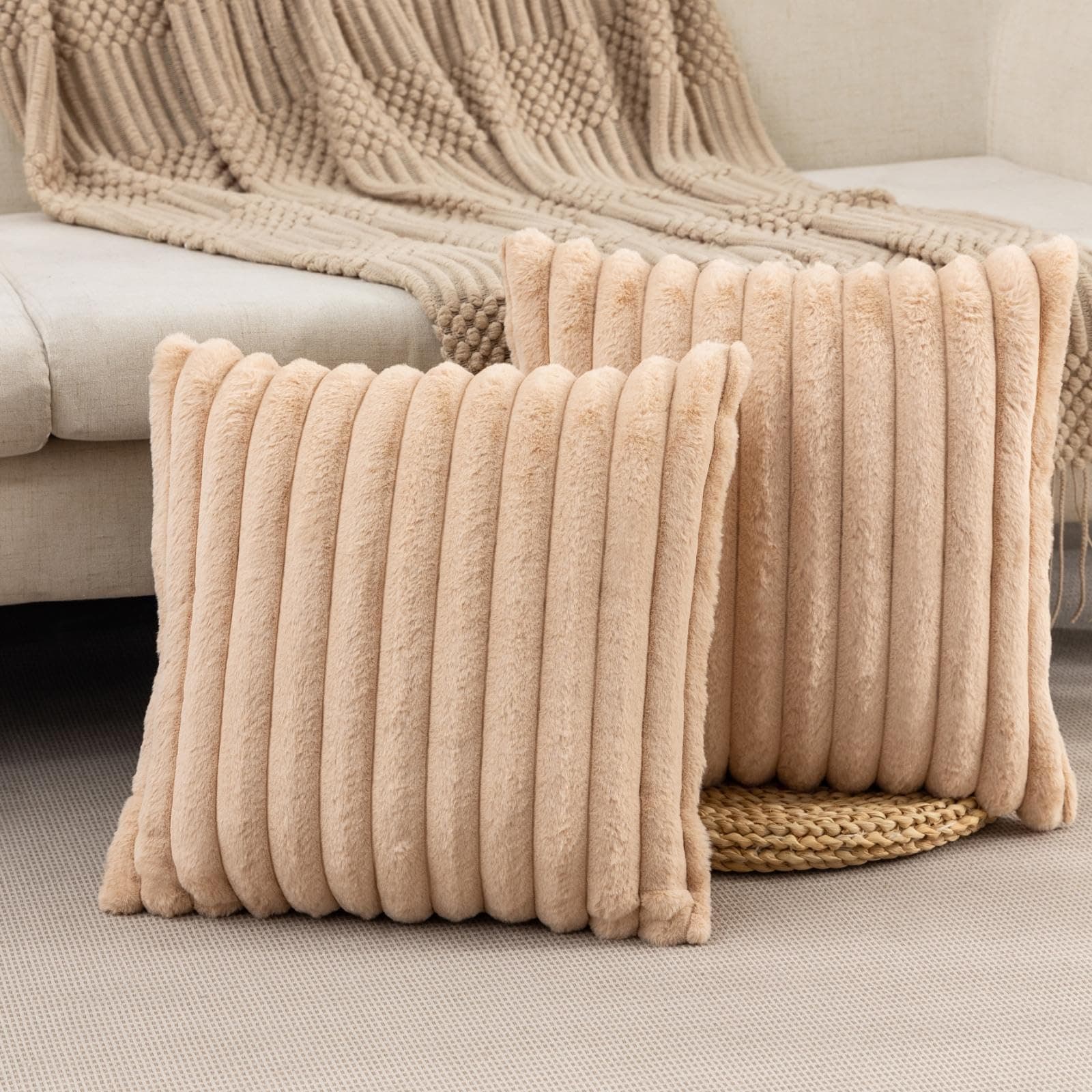 ZLINA 2-Pack Apricot Faux Fur Striped Throw Pillow Covers Fluffy Decor - Image 1