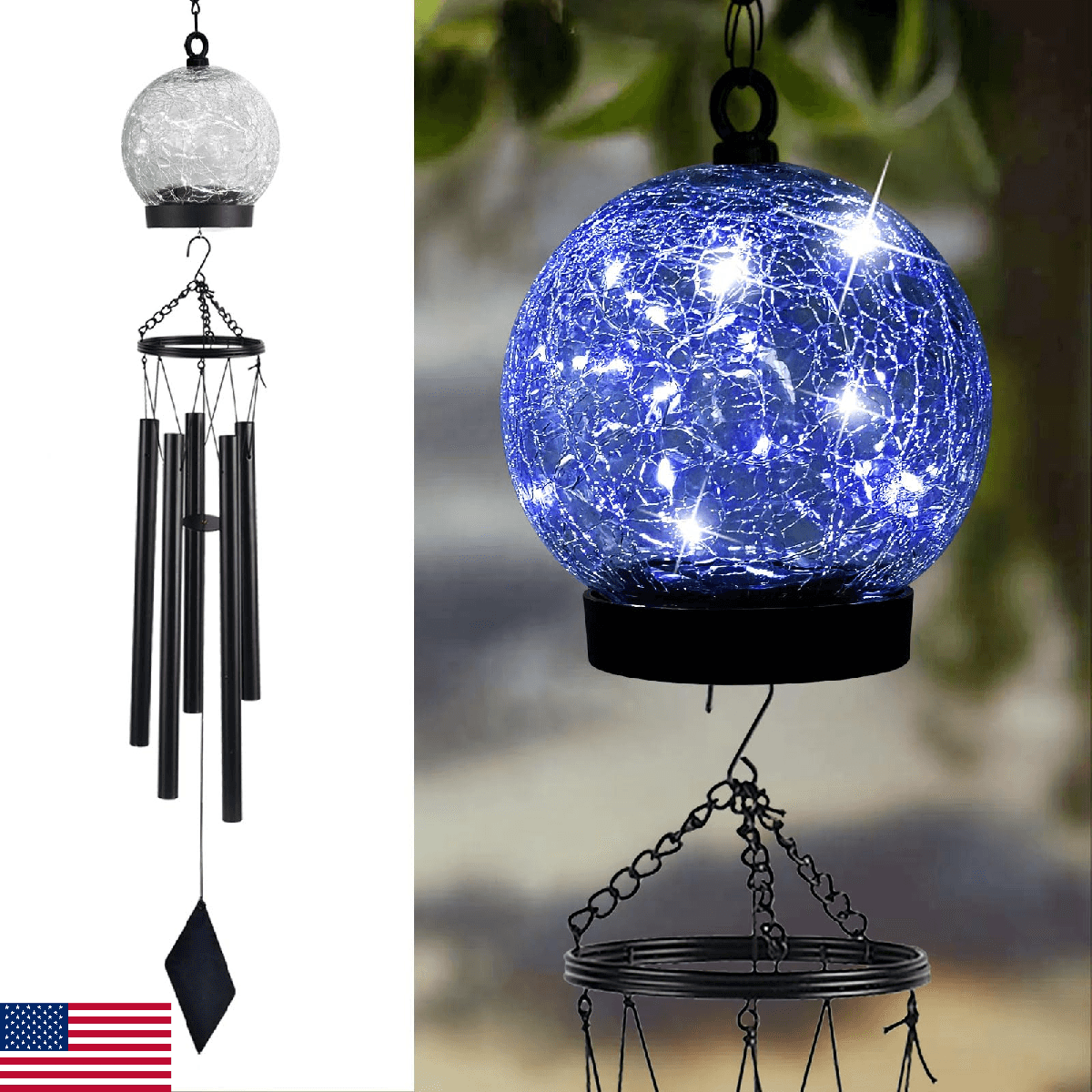Solar Wind Chimes Outdoor, Blue LED Cracked Glass Ball Garden Decor, 42" Length - Image 1