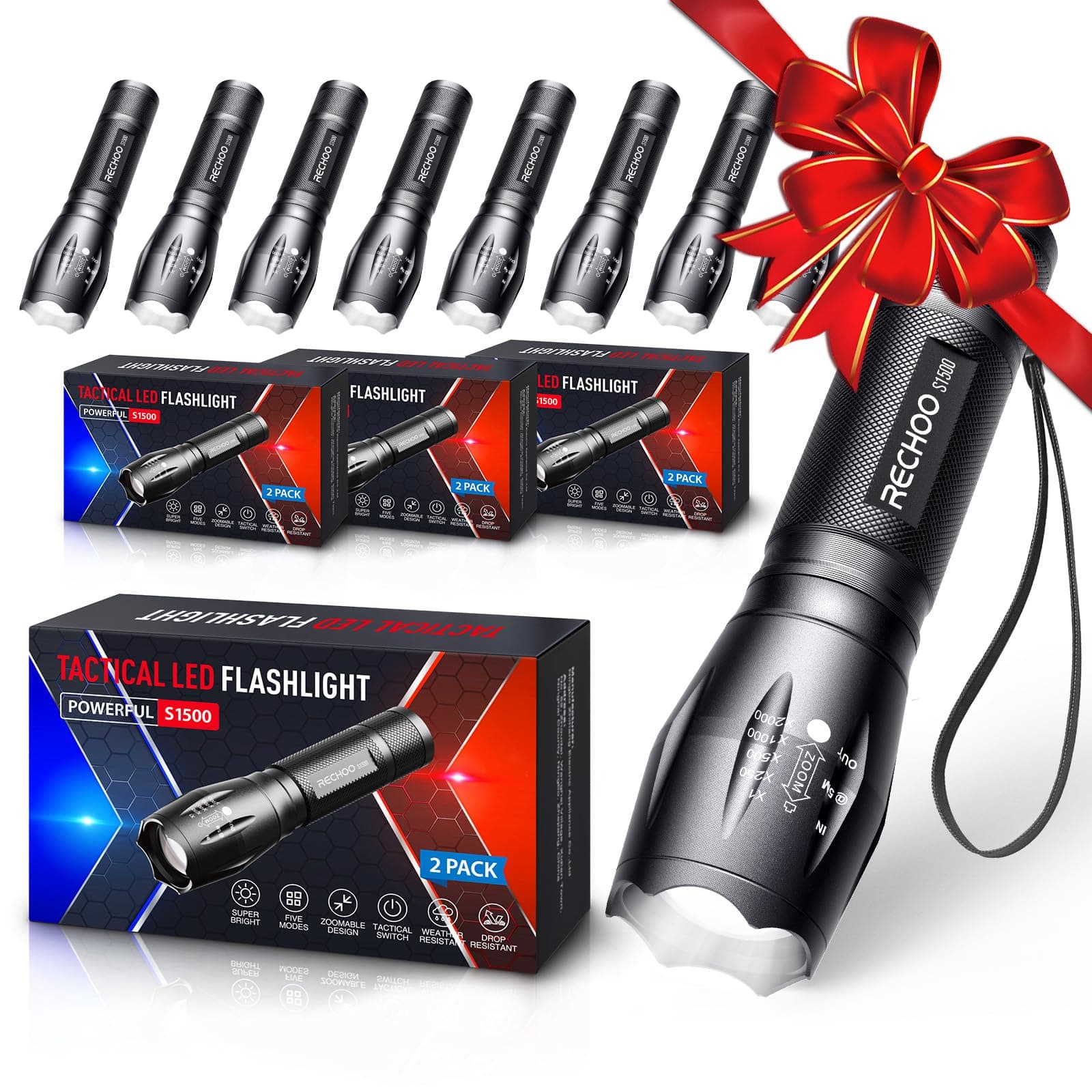 RECHOO 8-Pack LED Flashlight, Bright, 5 Modes, Zoomable, Waterproof - Image 1