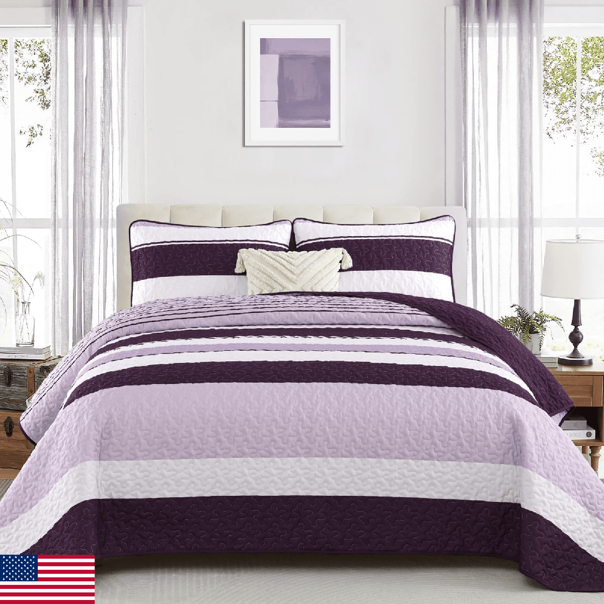 Dinjoy King Purple Striped Quilt Set, Boho Lightweight Farmhouse Bedding 3PC - Image 1