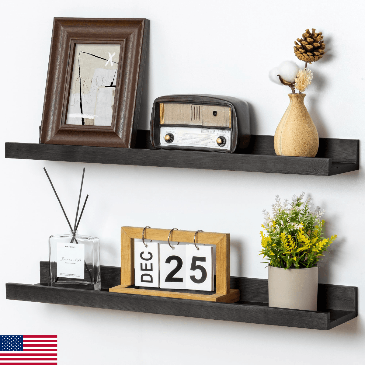 Picture Ledge Shelf Wall, 24" Solid Pine Wood Nursery Book Shelves, 2-Pack - Image 1