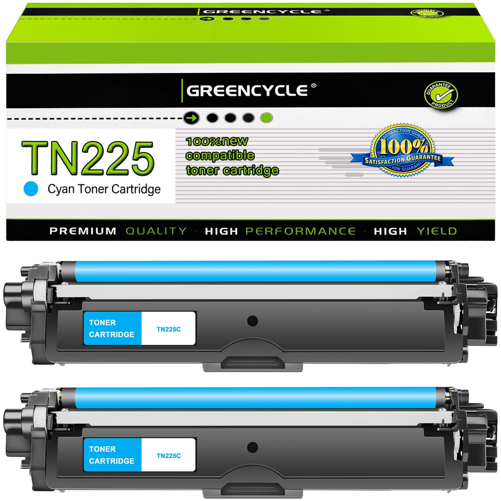 greencycle TN225C Cyan Toner Cartridge 2-PK Compatible for Brother Printer - Image 1