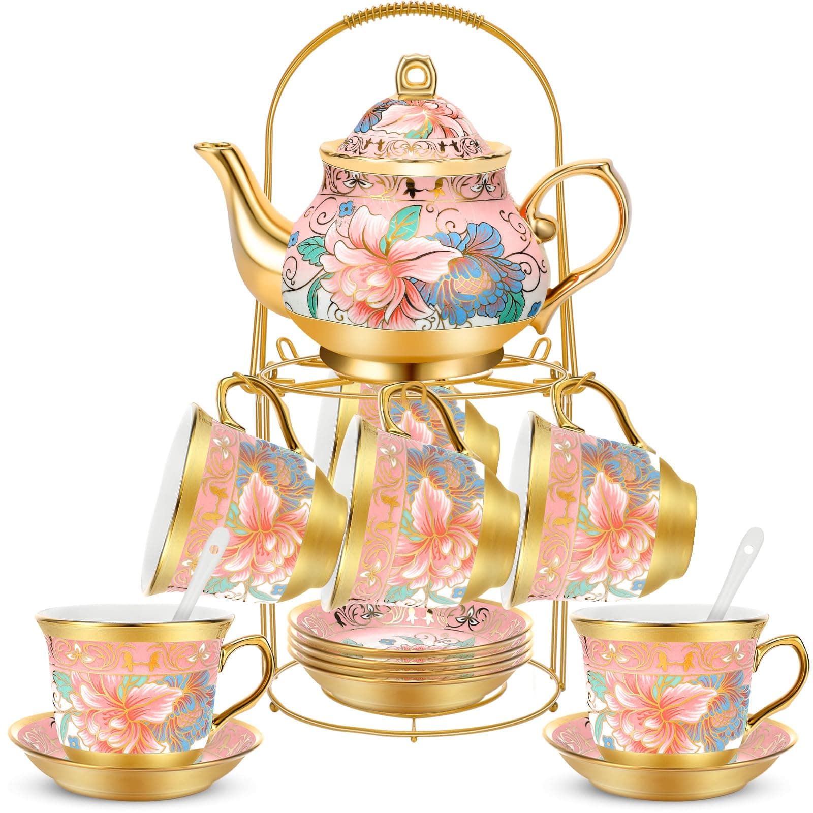 Gandeer 20 Pcs Porcelain Tea Set for Adults with Metal Holder and Spoon European - Image 1