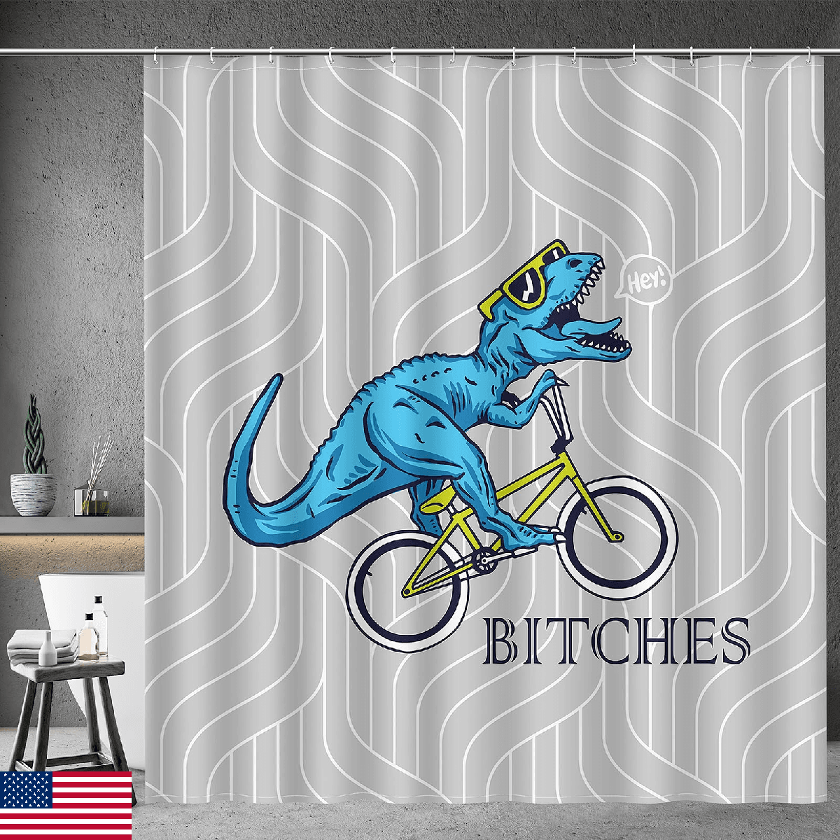 Aimego Cute Blue Dinosaur Bike Fabric Shower Curtain 72x78in Long Funny Dino - Image 1