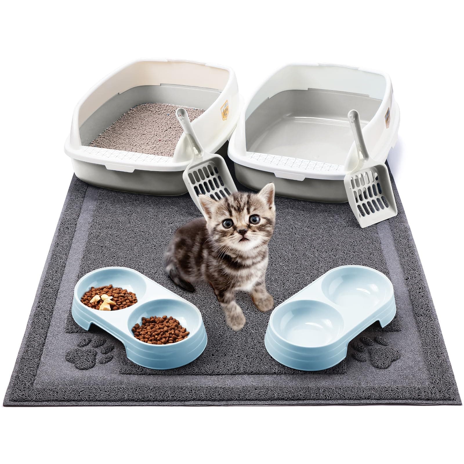 Sliner 7 Pc Kitten Litter Box Starter Kit: Low Entry, Scoop, Bowls, Mat - Gray - Image 1