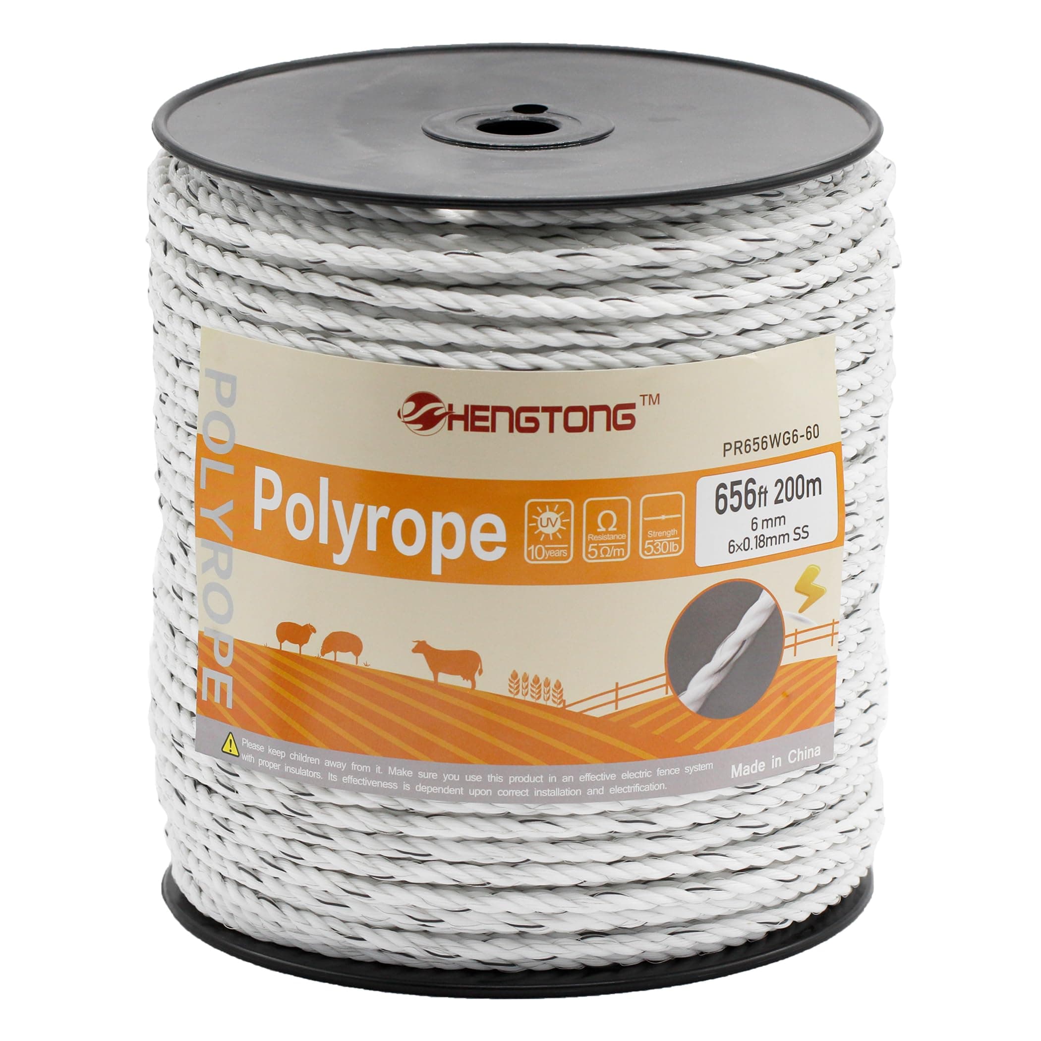 HENGTONG Electric Fence Poly Rope, 656ft, 1/4", 6mm, 6-Strand, White - Image 1