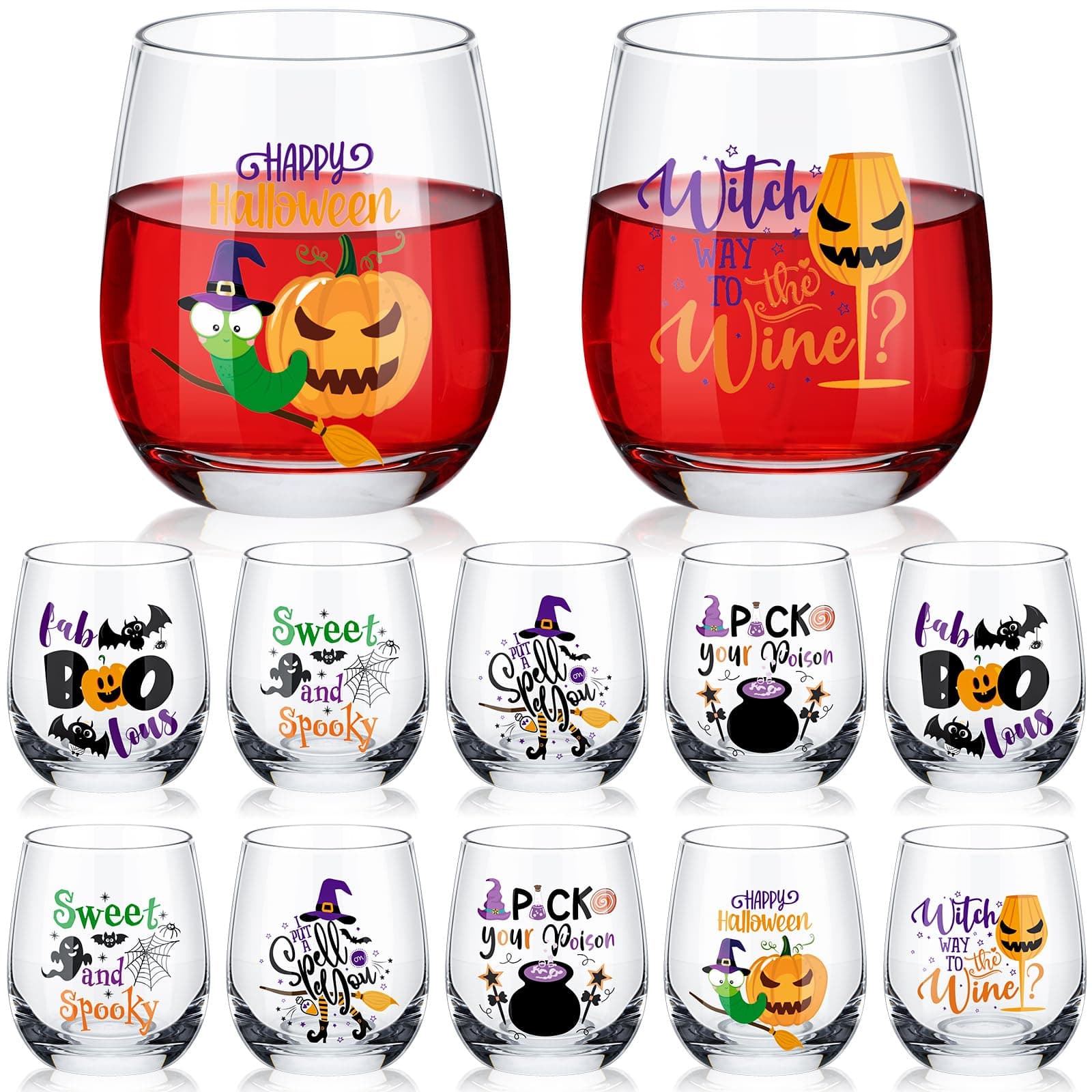Zhehao 12pc Halloween Wine Glass 12oz Witches Stemless Spooky Happy Halloween - Image 1