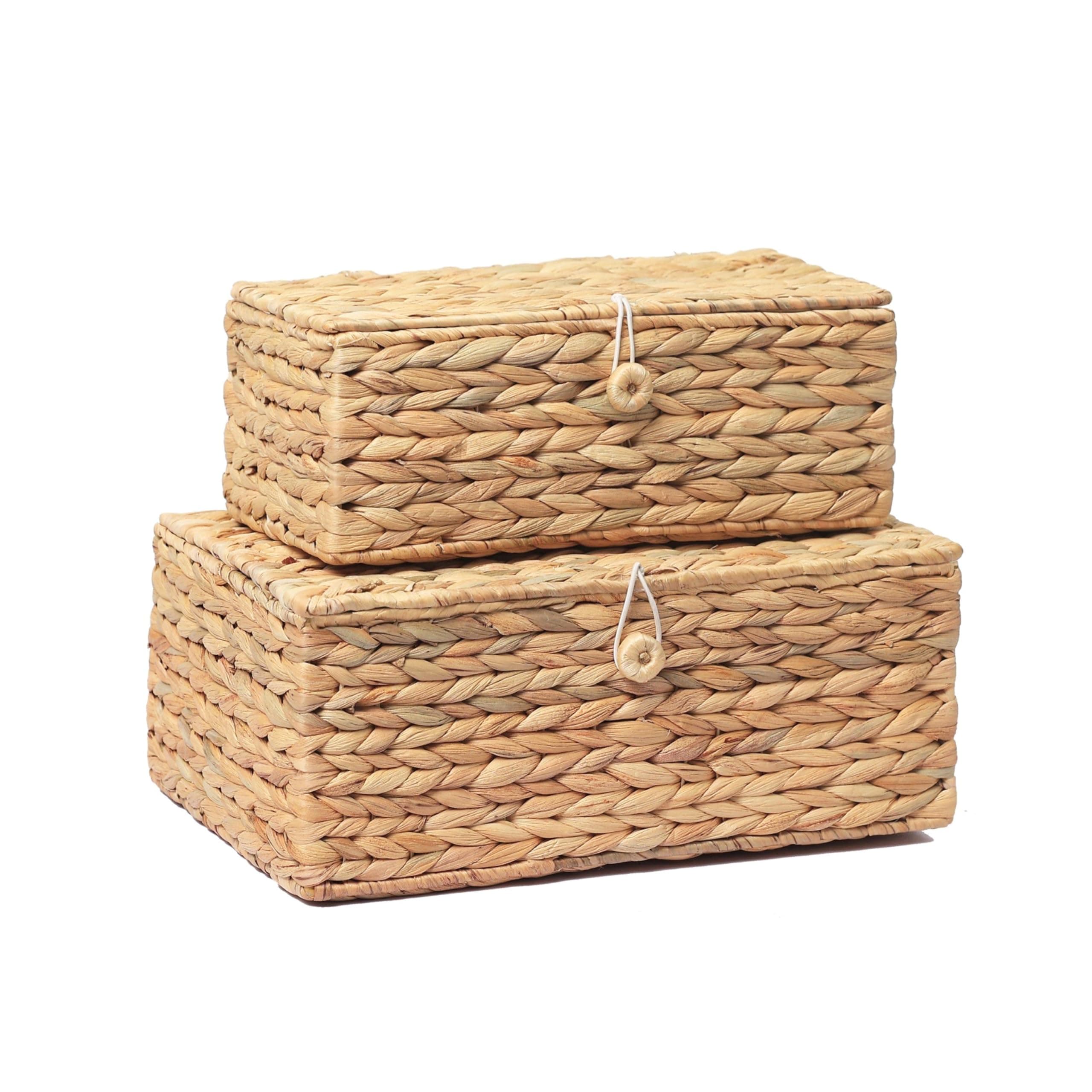 LUSYDECO 2 Rectangular Wicker Storage Bins w/ Lid, Water Hyacinth Rattan Baskets - Image 1