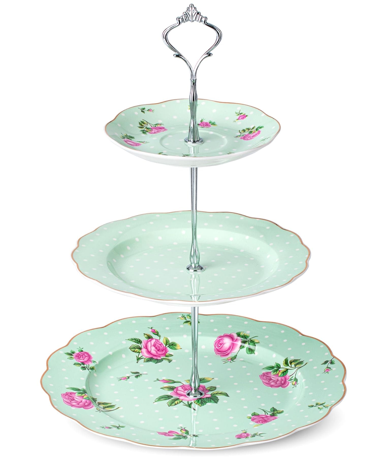 BTaT 3-Tier Green Floral Porcelain Dessert Stand - Cupcake, Pastry, Tea - Image 1