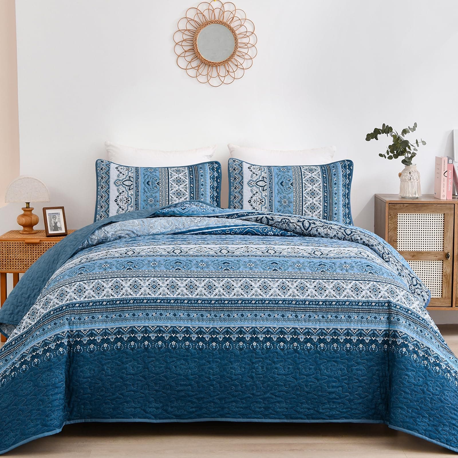 WONGS BEDDING Blue Quilt Set Queen Size Bohemian Stripe 3 Piece Microfiber All S - Image 1