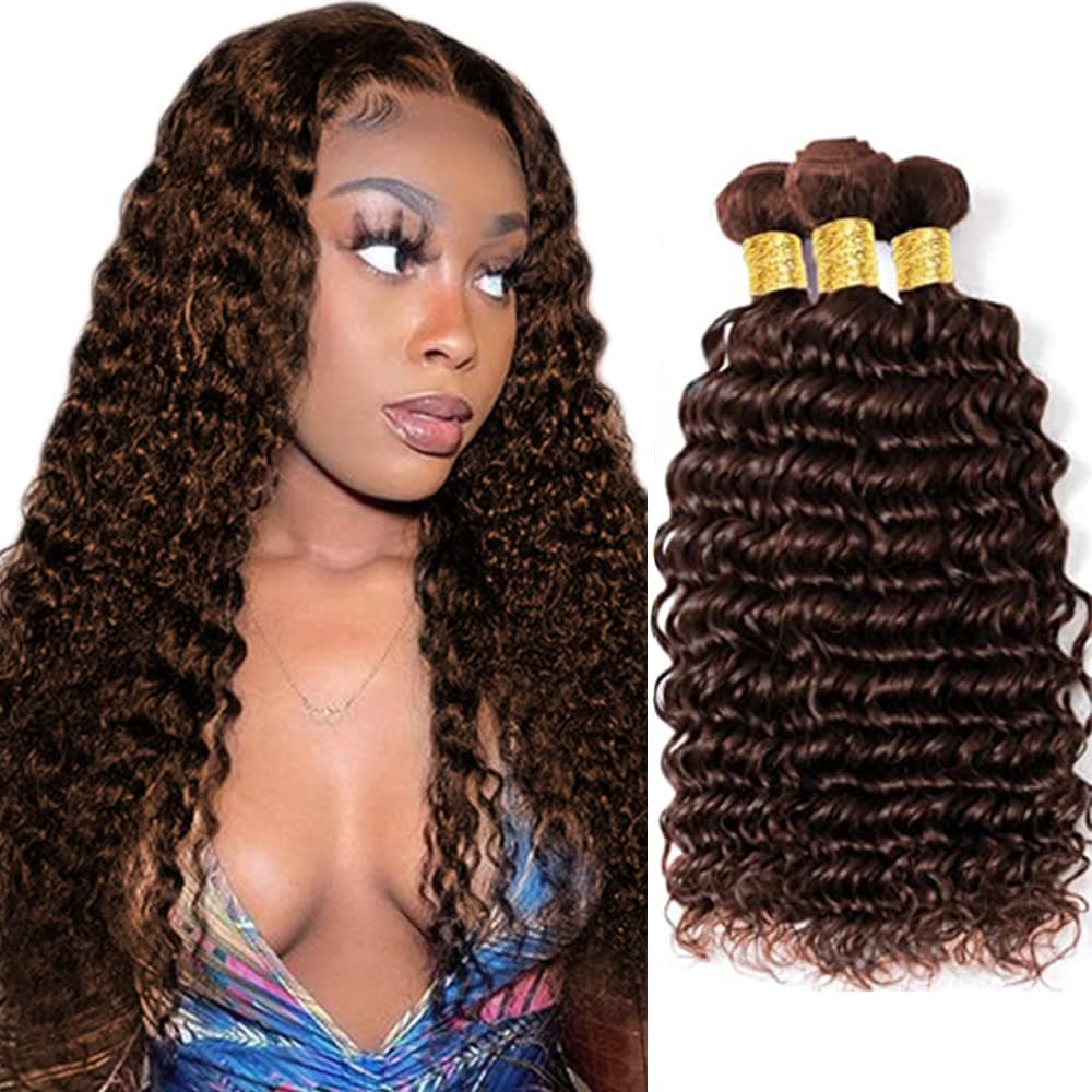 #4 Chocolate Deep Wave Brazilian Human Hair 3 Bundles Remy Unprocessed 8-30in - Image 1