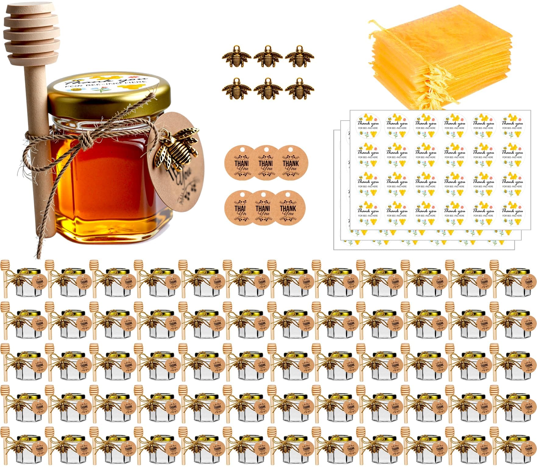 DnayDkiy 60x 1.5oz Glass Honey Jars w/ Dipper, Gold Lids, Bee Pendants, Jutes - Image 1