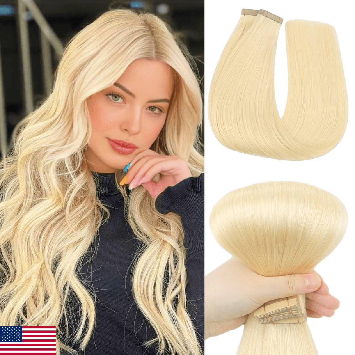 Tape in Hair Extensions Real Human Hair Platinum Blonde 20pcs Seamless Invisible - Image 1